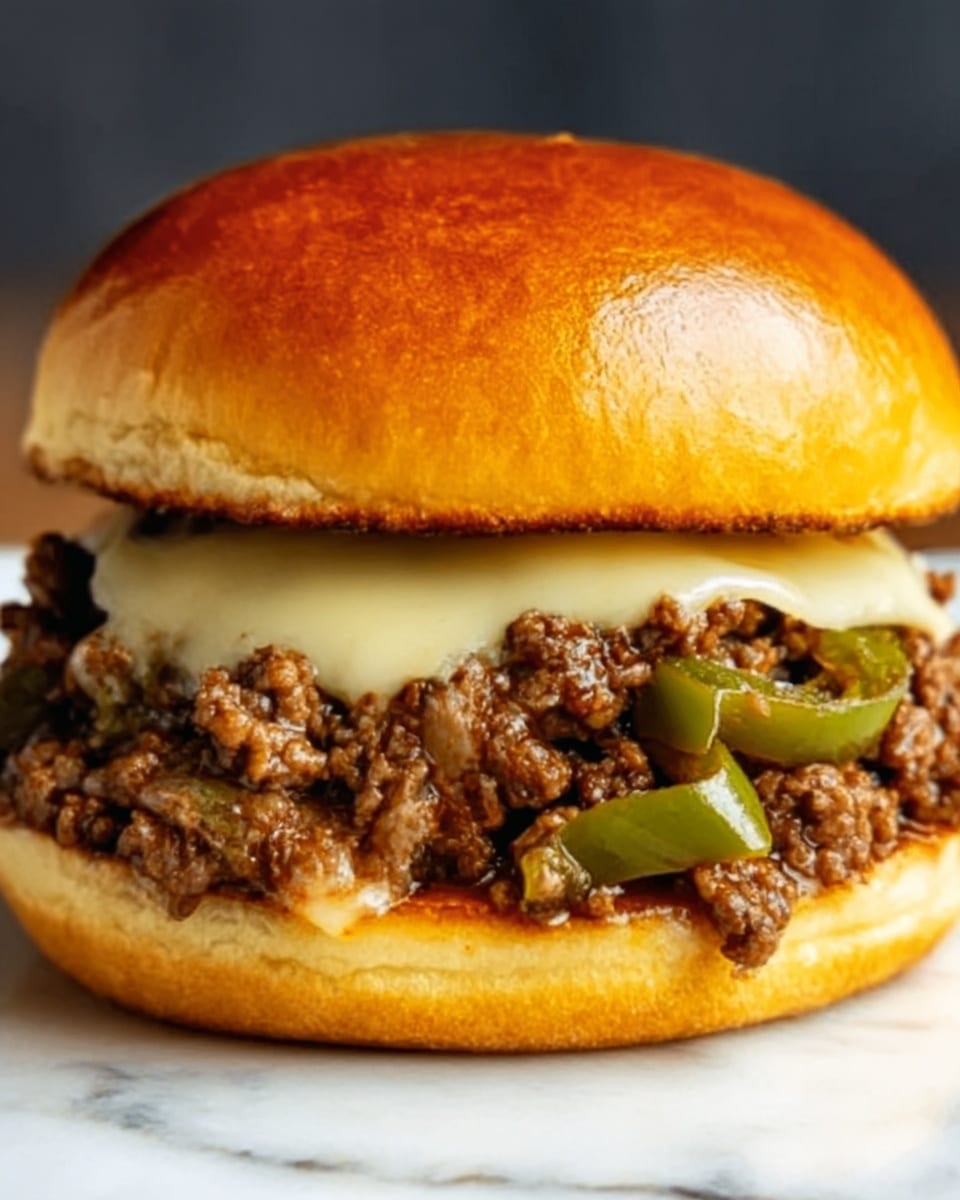 A close-up of a sandwich with three main layers on a shiny toasted golden brown bun, sitting on a white marbled surface. The bottom layer shows a soft toasted bun with a slight gloss. The middle layer is thick and chunky, filled with cooked minced beef mixed with green bell pepper strips, appearing juicy and textured. On top of the meat, there is a melted pale yellow cheese slice that covers part of the beef and peppers. The top layer is a smooth, glossy golden-brown bun slightly domed and shiny, completing the sandwich. Photo taken with an iphone --ar 4:5 --v 7