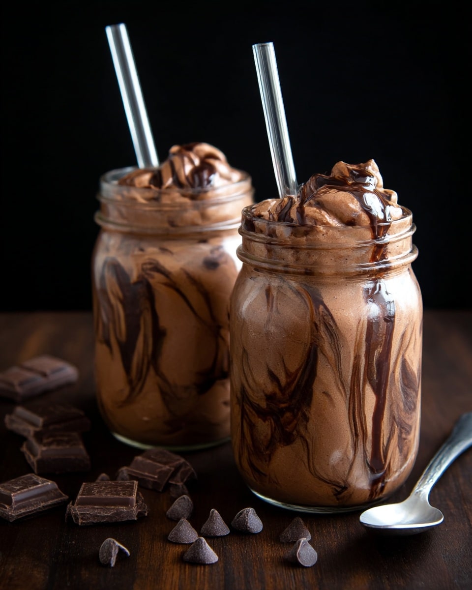 Two clear glass jars filled with thick, creamy chocolate mousse swirled with dark chocolate sauce that creates rich, dark streaks inside and on the top edges of the mousse. Each jar has a clear glass straw inserted in the mousse. The jars are placed on a dark wooden surface with scattered chocolate pieces and small chocolate chips around them. A silver spoon lies to the right side. The background is plain black, emphasizing the deep browns and creamy texture of the mousse. photo taken with an iphone --ar 4:5 --v 7