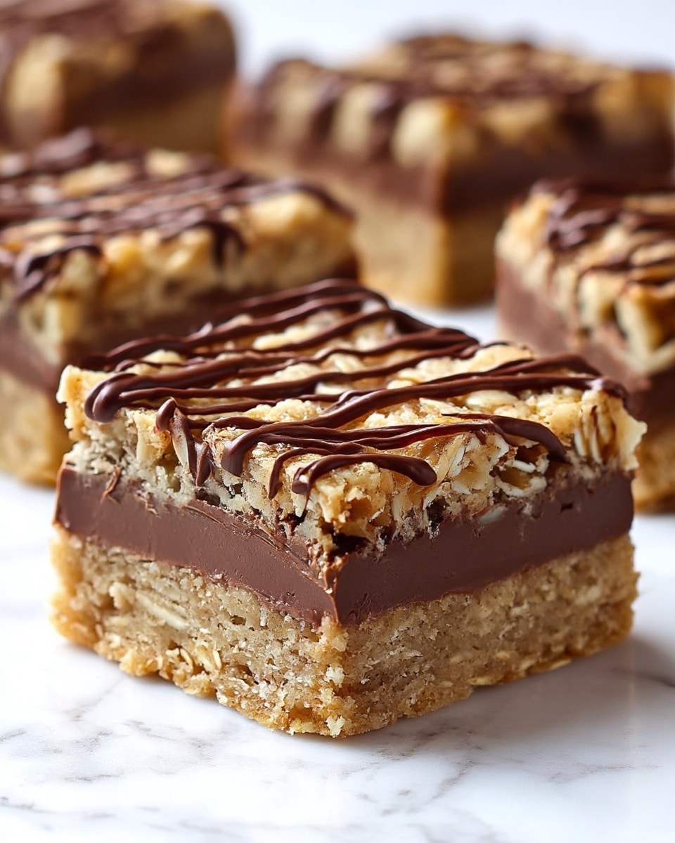 The image shows square oat bars with three layers. The bottom layer is a light brown, crumbly oat crust. The middle layer is a thick, smooth, dark chocolate filling that blends into the oat layers. The top layer is a rough oat crumb, light golden in color, with a drizzle of dark chocolate in thin lines across the top surface. The bars are set against a white marbled texture. Photo taken with an iphone --ar 4:5 --v 7