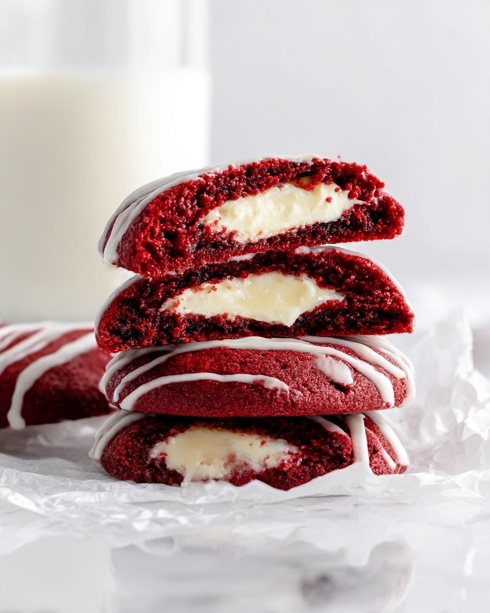 A stack of three thick red velvet cookies cut in half, showing a creamy white cheese filling inside each one. The cookies are deep red with a soft, moist texture and have thin white icing drizzled over their tops. They rest on crumpled white parchment paper on a white marbled surface, with a blurred glass of milk in the background. Photo taken with an iphone --ar 4:5 --v 7