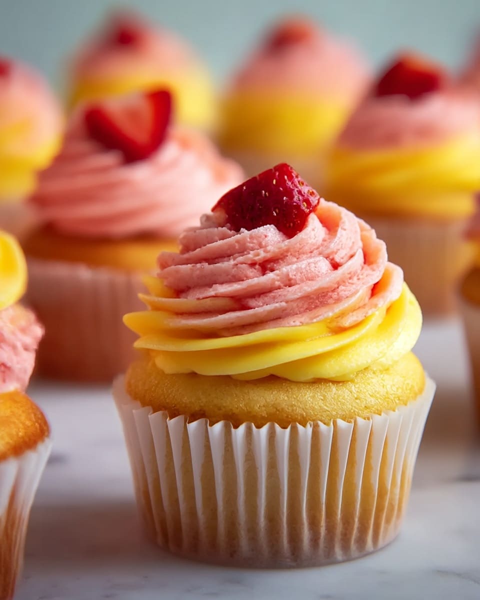 A close-up of a cupcake with two layers of swirled frosting on top, the bottom layer is smooth and bright yellow, and the top layer is textured and light pink, shaped like a rose. The cupcake itself is golden-brown with a slightly crisp edge and sits in a white paper liner showing vertical ridges. On top of the frosting, there is a small piece of red strawberry with visible seeds. The background shows more cupcakes with the same frosting and strawberry pieces, all placed on a white marbled surface, softly blurred. photo taken with an iphone --ar 4:5 --v 7