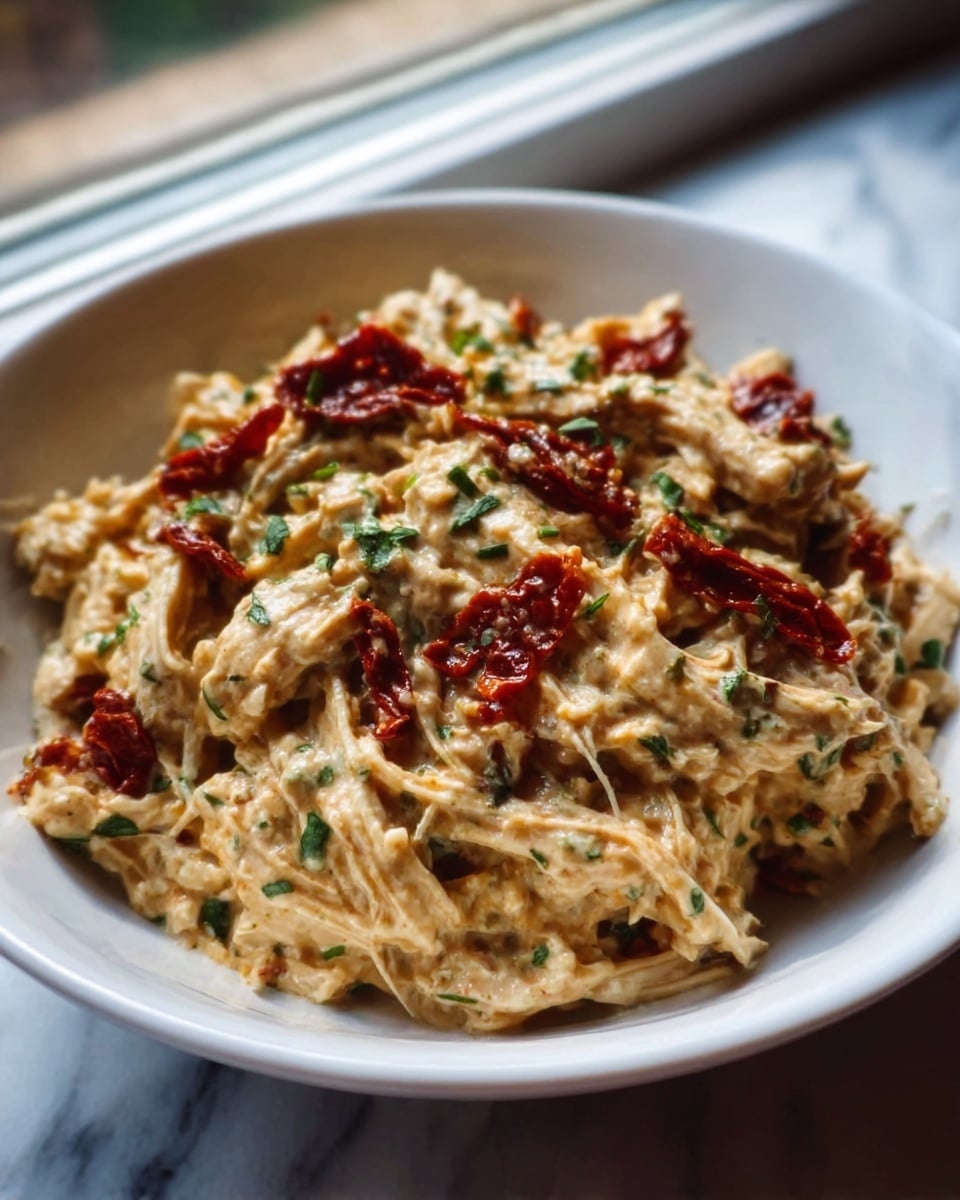 A white bowl filled with shredded chicken mixed with a creamy beige sauce, topped with dark red sun-dried tomato strips and chopped green herbs scattered evenly on top. The chicken texture looks soft and moist, with the sauce coating the strands well, sitting on a white marbled surface by a window with natural light. Photo taken with an iphone --ar 4:5 --v 7