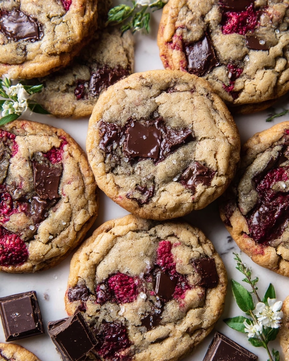 A close-up image shows several round cookies with a soft, golden-brown base layered with melted dark chocolate chunks and patches of bright red raspberry bits swirled throughout each cookie. The cookies have a slightly cracked and textured surface, giving a homemade look. Small pieces of dark chocolate and delicate white flowers with green leaves are scattered around the cookies on a white marbled surface. photo taken with an iphone --ar 4:5 --v 7