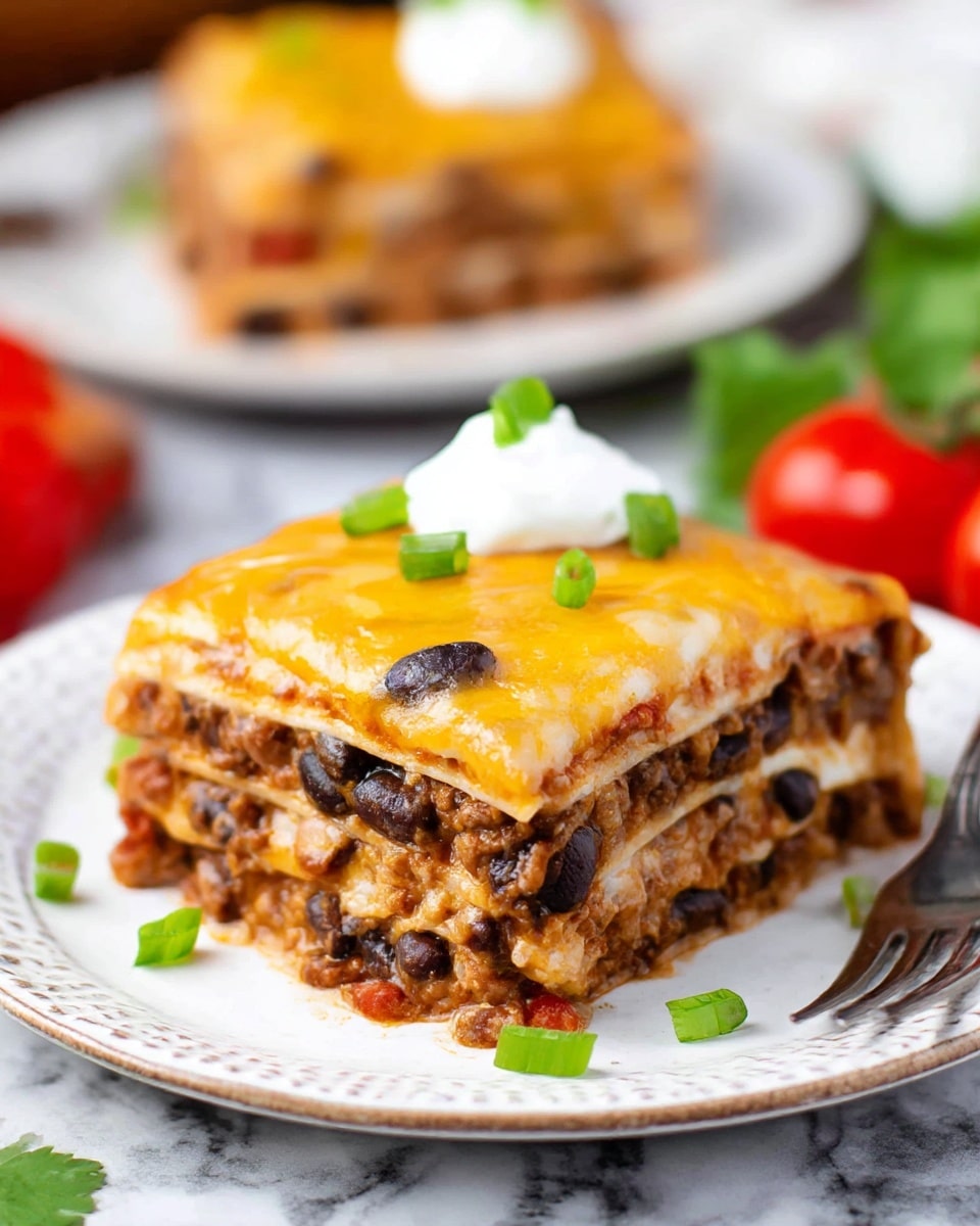 A square slice of layered Mexican lasagna is placed on a white patterned plate with a white marbled surface beneath. The lasagna has five visible layers, starting with a base of cooked ground meat mixed with black beans, topped by a white layer of soft tortillas, followed by a thick layer of mixed beans and meat sauce with small black beans visible, then another layer of tortillas, and a top layer of melted golden cheddar cheese with slightly browned spots. On top of the lasagna is a dollop of white sour cream garnished with small green chopped scallions, with a few more scallions scattered on the plate. A blurred second plate with another lasagna slice is in the background. Nearby there is a glimpse of a woman's hand holding a fork, and fresh red tomatoes with green leaves can be seen blurred to the side. Photo taken with an iphone --ar 4:5 --v 7