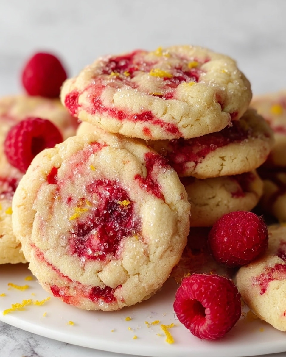 A close-up of a stack of soft cookies with a pale beige base color swirled with bright red raspberry jam throughout each cookie. The cookies have a slightly cracked and crumbly texture on top, with visible granules of sugar sparkling on the surface. There are small bits of yellow lemon zest scattered on and around the cookies, adding a pop of color. Fresh whole raspberries with a rich red color are placed among the cookies, enhancing the fresh fruit look. The cookies rest on a white plate, set on a white marbled texture. photo taken with an iphone --ar 4:5 --v 7