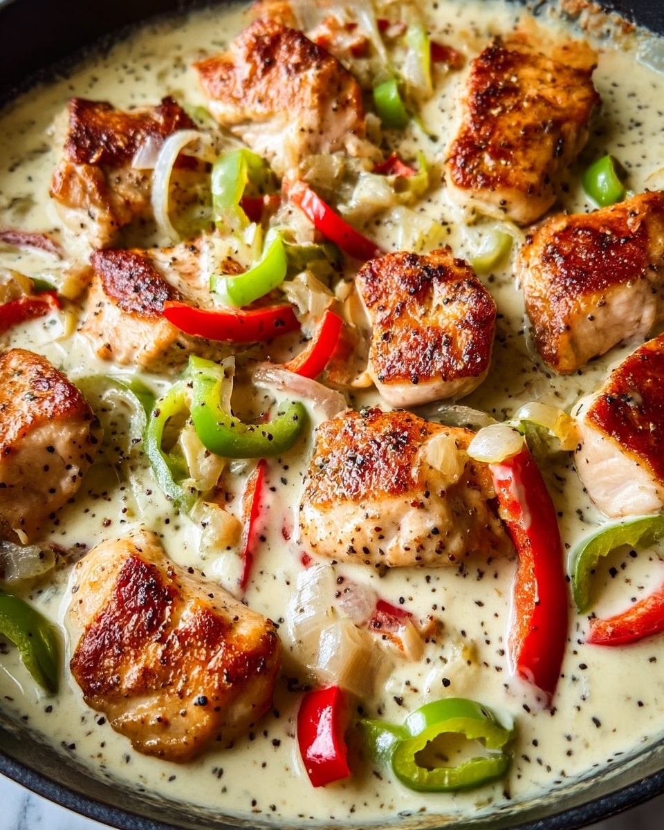 A close-up view of a skillet filled with golden brown seared chicken pieces, each showing a crispy texture with pepper specks on their surface. The chicken is nestled in a creamy white sauce that has a smooth and rich texture, dotted with black pepper. Bright green pepper rings and thin slices of red bell pepper are mixed throughout, adding color contrast and fresh texture. The sauce clings lightly to some chicken pieces, showing a velvety layer over the browned meat. The skillet edge is visible, and the entire scene sits on a white marbled background. photo taken with an iphone --ar 4:5 --v 7