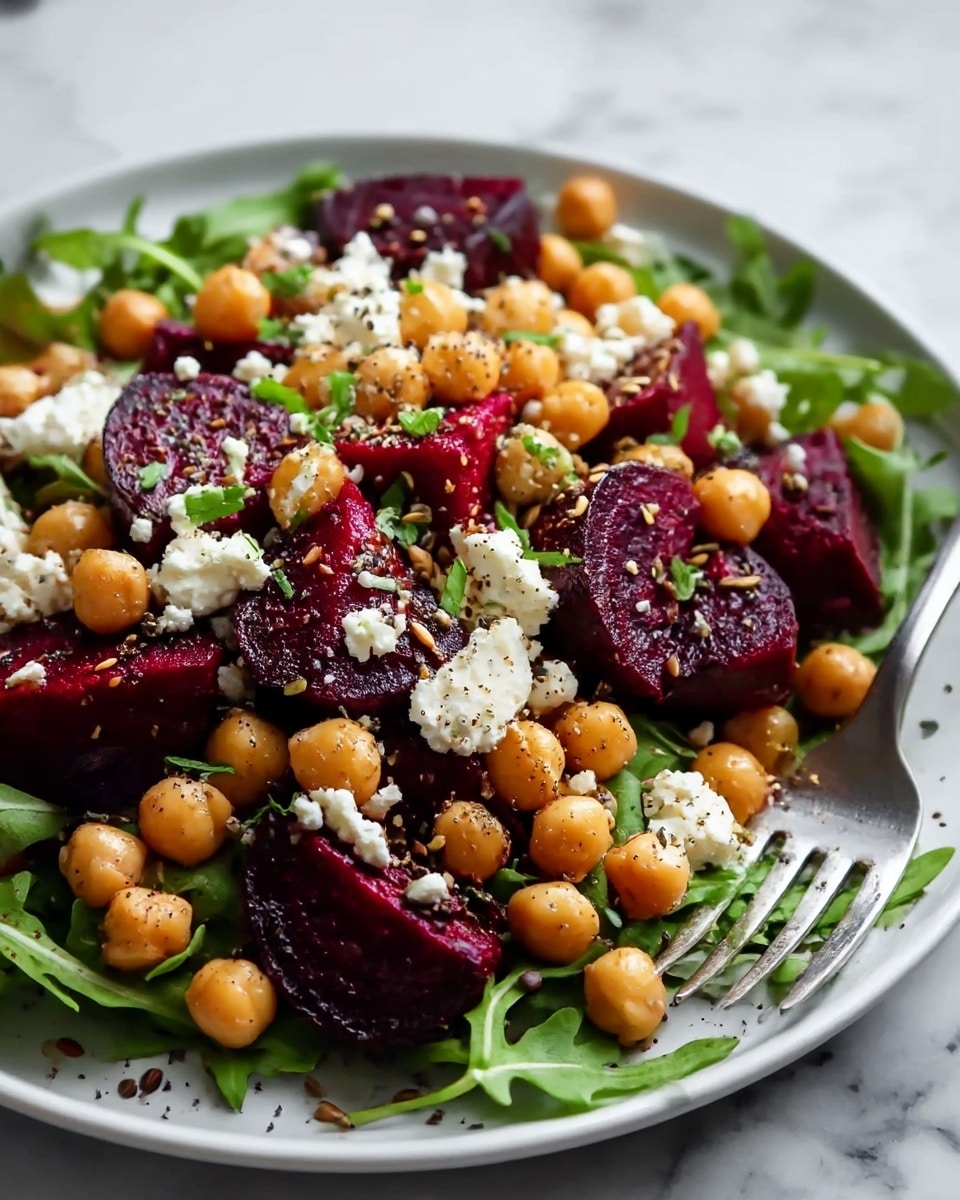 A close-up of a white plate filled with a colorful salad layered beautifully. At the bottom, there are fresh green arugula leaves that provide a leafy base. On top of the greens, there are thick slices of deep purple-red roasted beets, mixed with whole golden chickpeas scattered all over. White crumbled cheese is sprinkled generously on the top along with chopped green herbs. The salad is lightly sprinkled with black pepper and some seeds, adding a bit of texture. A metal fork rests partially on the plate, and everything is set on a white marbled surface. photo taken with an iphone --ar 4:5 --v 7