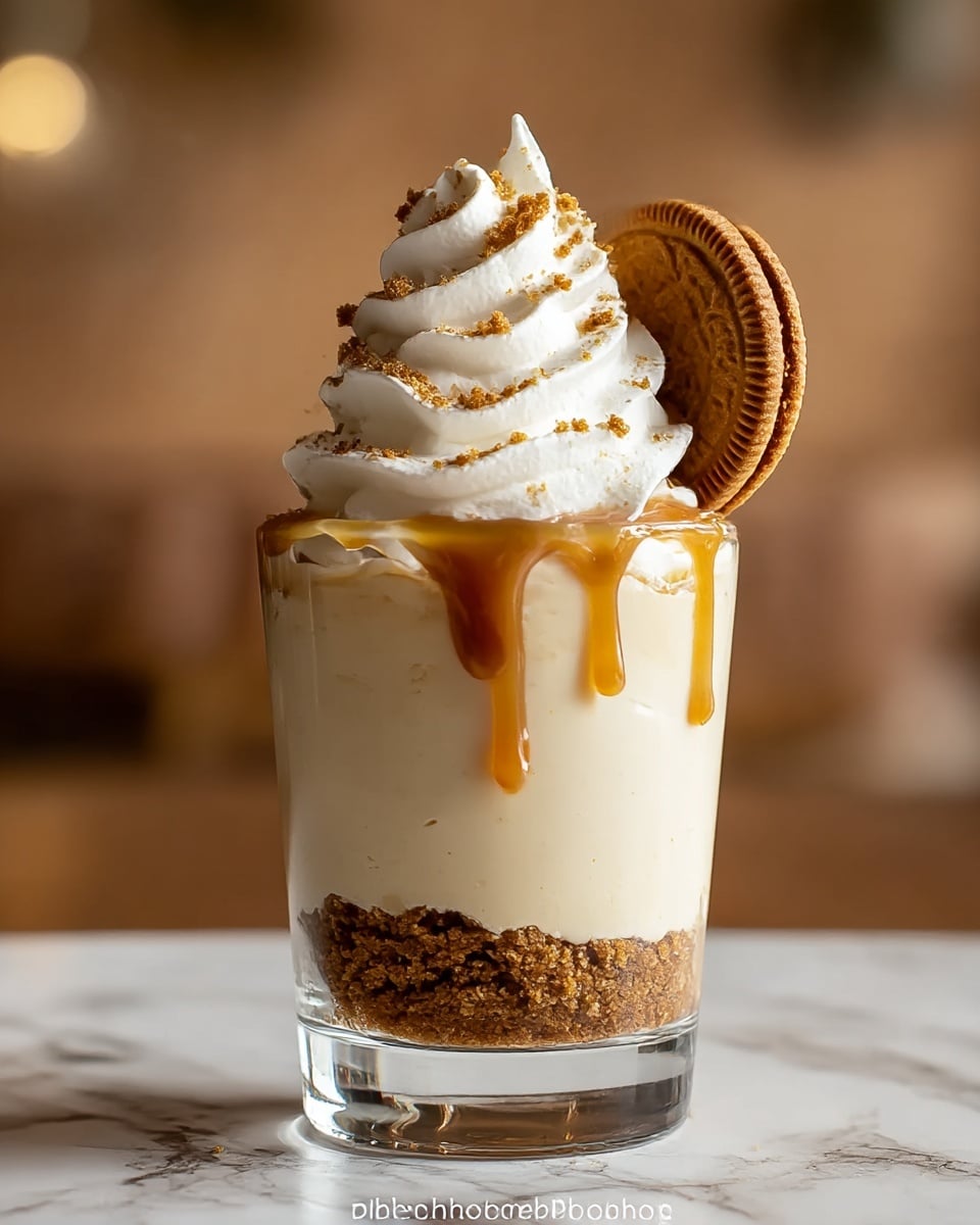 A clear glass holds a dessert with three main layers, placed on a white marbled surface. The bottom layer is a crumbly brown cookie crust with a rough texture. Above it is a thick, smooth cream layer in light beige color. The top layer is a tall swirl of white whipped cream sprinkled with small brown crumbs. A caramel sauce drips over the edge from under the cream. A round brown cookie is partly placed upright into the whipped cream on the right side. The background is softly blurred with warm tones. Photo taken with an iphone --ar 4:5 --v 7