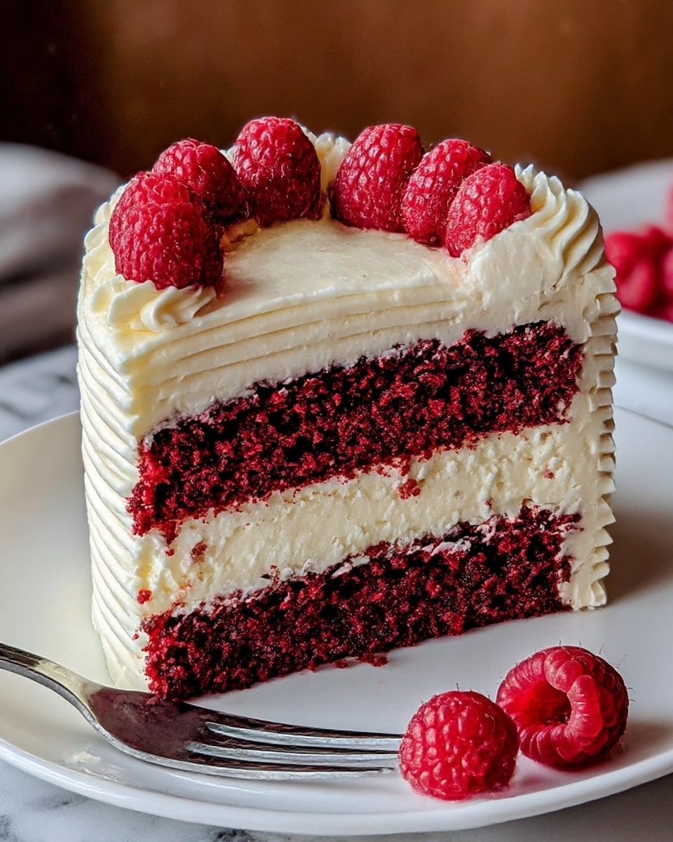 A slice of three-layer red velvet cake sits on a white plate with a silver fork beside it. Each cake layer is deep red and moist, separated by thick white cream cheese frosting layers. The cake is covered all around with smooth, creamy white frosting that has horizontal textured lines. The top is decorated with fresh, bright red raspberries placed evenly on a ring of piped frosting. Two extra raspberries lie on the plate near the cake slice. The background shows a white marbled surface under the plate and a soft blurred warm brown and white behind. photo taken with an iphone --ar 4:5 --v 7