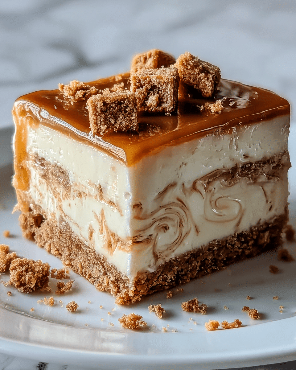 The image shows a close-up of a square dessert with three clear layers on a white plate. The bottom layer is a crumbly, light brown cookie crust. The middle layer is thick, creamy white with visible swirls of crushed cookie bits mixed throughout. The top layer is a smooth, shiny caramel glaze with several small chunks of crumbly brown cookie pieces scattered on top. Some crumbs are also visible around the dessert on the plate. The white plate sits on a surface with a white marbled texture. photo taken with an iphone --ar 4:5 --v 7