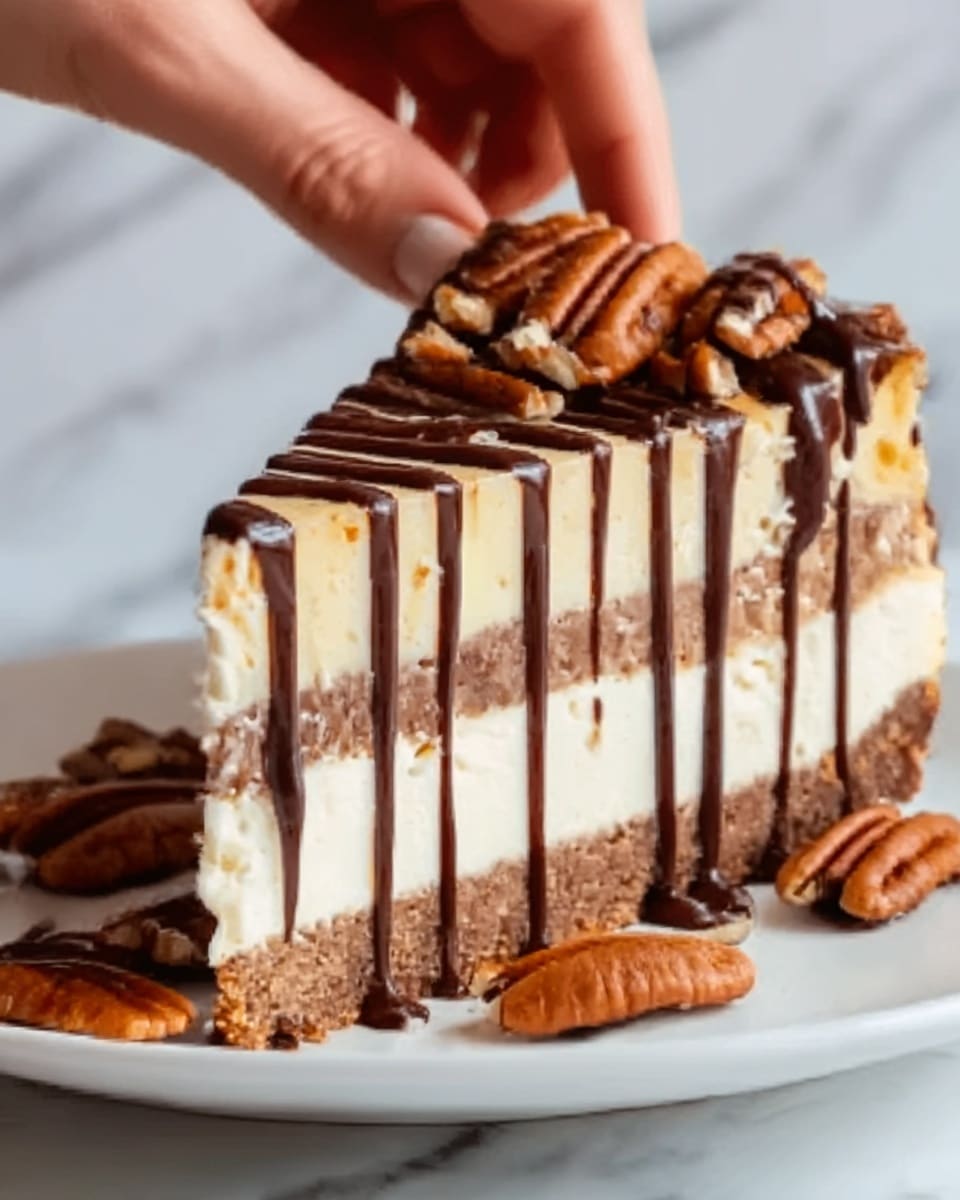 A tall slice of cheesecake on a white plate, showing three layers: a light brown crumbly base, a thick creamy white middle, and a smooth pale top layer. The cake is covered with dark chocolate drizzle running down the sides in thin lines, with several pieces of pecans scattered on top and on the plate. A woman's hand is reaching to hold the slice from the left side. The background is a white marbled texture. photo taken with an iphone --ar 4:5 --v 7