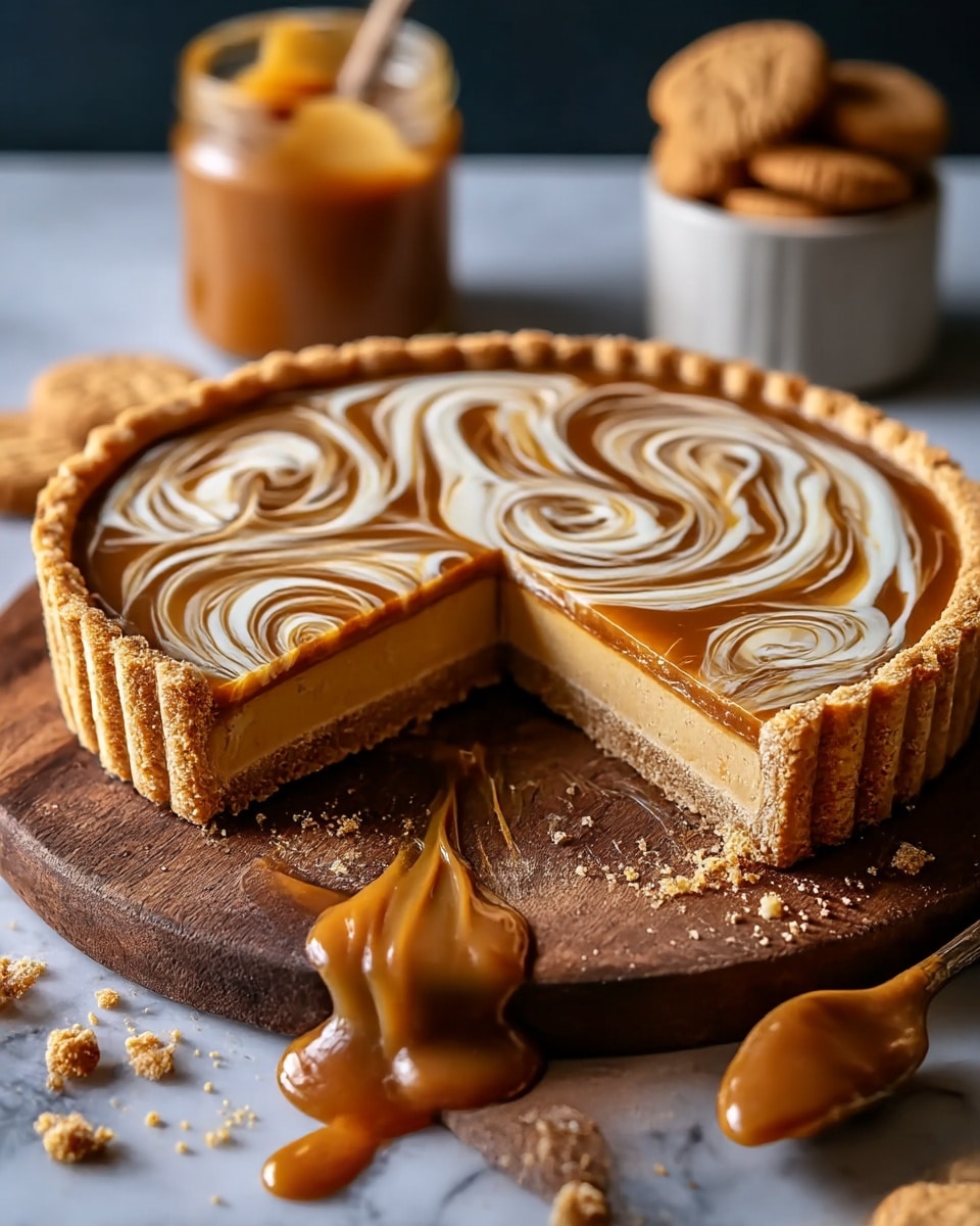 A tart with a thick, light brown crispy crust forms the base and sides, holding a rich caramel layer that fills most of the tart. On top of the caramel, white swirls create a smooth pattern across the surface. One slice is cut out, showing the dense caramel inside and the crunchy crust outside. The tart sits on a wooden board with some crumbs around it, and a dollop of caramel spills down the edge. In the background, there is a jar of caramel spread and a small container holding round cookies on a white marbled surface. photo taken with an iphone --ar 4:5 --v 7