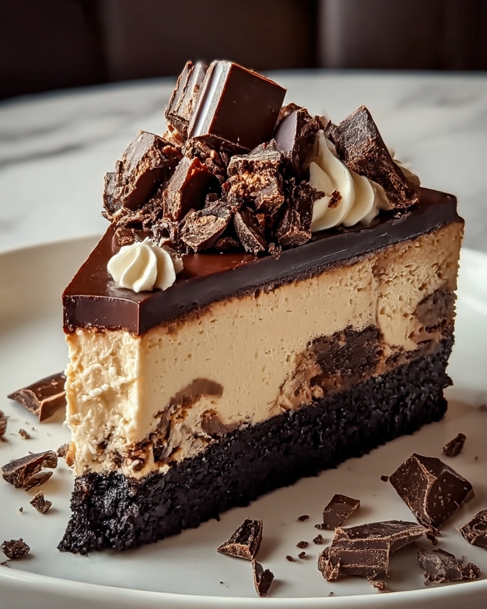 A slice of rich chocolate cheesecake with four visible layers sits on a white plate; the bottom layer is a dark crumbly chocolate crust, above it is a thick creamy beige cheesecake layer with dark chocolate swirls, next a thin smooth shiny layer of chocolate ganache, and topped with a pile of various chocolate pieces including chunks and shavings. There is a small swirl of cream under the chocolate pieces near the top edge. Broken chocolate bits lie scattered on the plate around the slice. The background is a white marbled texture with soft warm light. Photo taken with an iphone --ar 4:5 --v 7