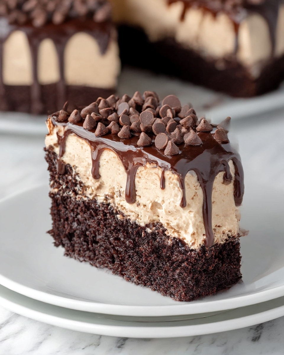 A rich chocolate cake slice sits on a white plate with three clear layers visible. The bottom layer is thick, dark, and moist chocolate cake with a rough texture. The middle layer is creamy, light beige frosting spread evenly with a smooth texture. The top layer is glossy, dark chocolate sauce that drips down the sides, topped with small, round chocolate chips scattered on top. The background shows more of the same cake on a white marbled surface. photo taken with an iphone --ar 4:5 --v 7