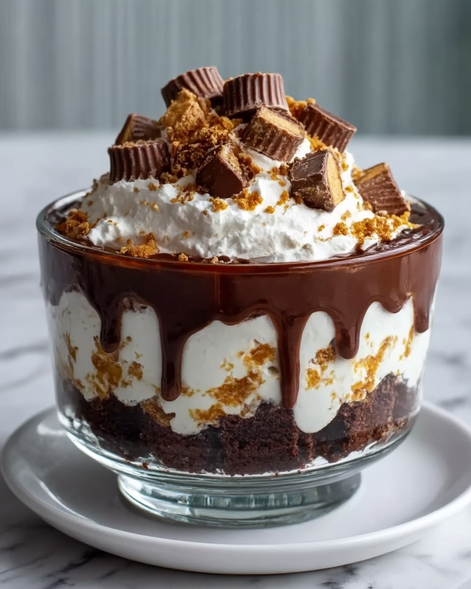 A clear glass bowl filled with a three-layer dessert sits on a white plate on a white marbled surface. The bottom layer is dark brown, rich chocolate cake pieces. The middle layer is creamy white whipped cream with small bits of golden brown cookie crumbs mixed through. The top layer is a thick, glossy chocolate sauce dripping slightly down the sides, topped with a large fluffy pile of whipped cream. On top of the whipped cream, there are chunks of chocolate peanut butter cups and small crushed cookie crumbs. Photo taken with an iphone --ar 4:5 --v 7