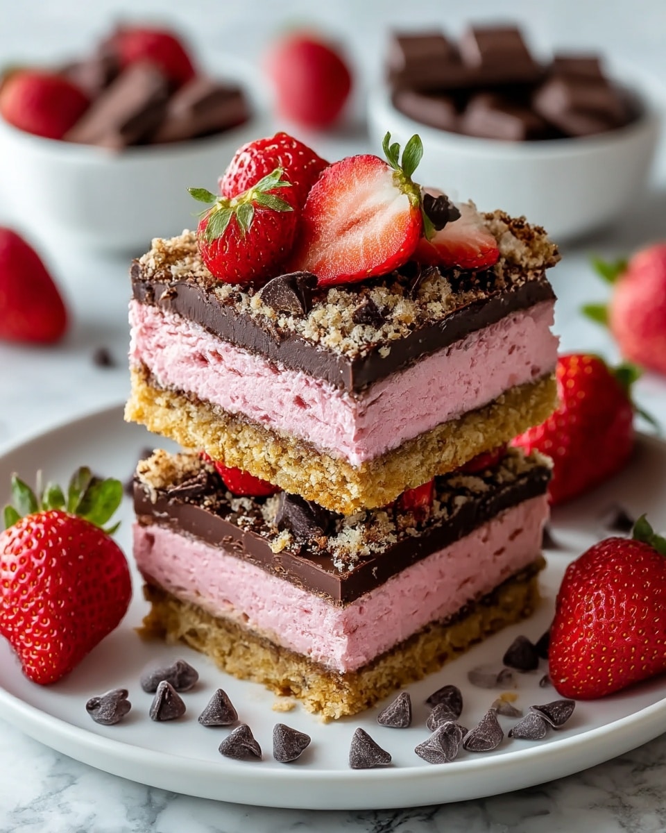 A stack of two dessert bars, each with four visible layers: a crumbly golden base at the bottom, a thick dark chocolate layer above it, a bright pink creamy strawberry layer next, and a top crumbly golden layer sprinkled with fresh whole and halved red strawberries with green leaves, alongside dark chocolate chunks. The bars sit on a white plate scattered with dark chocolate chips and surrounded by extra strawberries. The background is a white marbled texture with blurred white bowls of dark chocolate squares. photo taken with an iphone --ar 4:5 --v 7