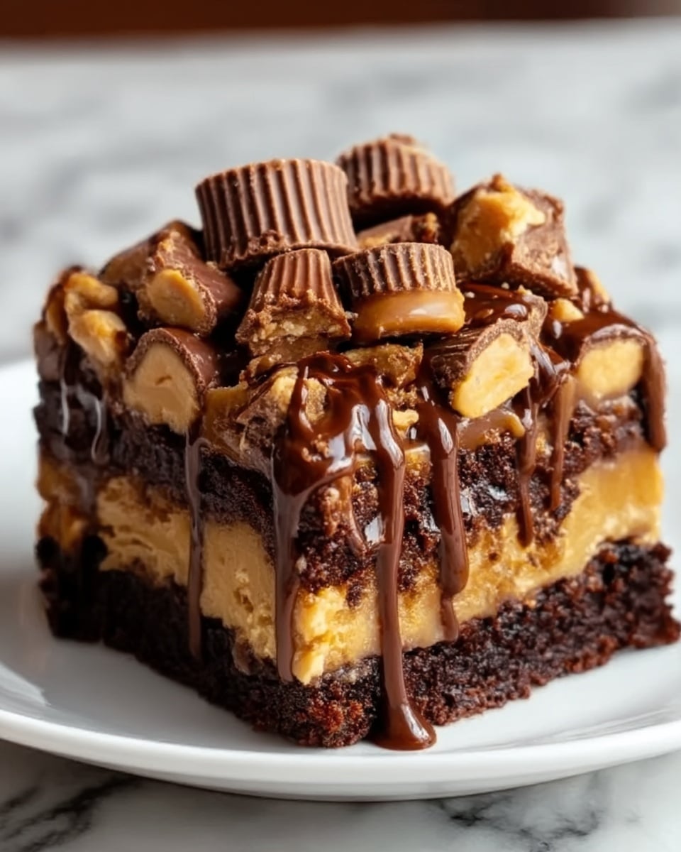 A thick square piece of layered chocolate dessert sits on a white plate showing rich textures and colors. The bottom layer is dark, moist chocolate cake, above it is a creamy caramel layer with a smooth texture. On top, there is a mix of small chopped peanut butter cups and peanut butter candy pieces, with a generous drizzle of shiny melted chocolate running over them. The dessert’s surface looks crunchy and gooey at the same time. The plate is placed on a white marbled surface. Photo taken with an iphone --ar 4:5 --v 7