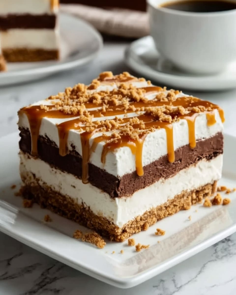 The image shows a square dessert made of multiple visible layers on a white square plate placed on a white marbled surface. The bottom layer is a light brown crust, followed by a thick white creamy layer. Above this is a dark chocolate layer, topped again by a thick white creamy layer. The top is decorated with caramel sauce drizzled generously, with small crumbs sprinkled over the caramel. The dessert looks rich and textured with clean edges, and a cup is partially visible in the background. Photo taken with an iphone --ar 4:5 --v 7