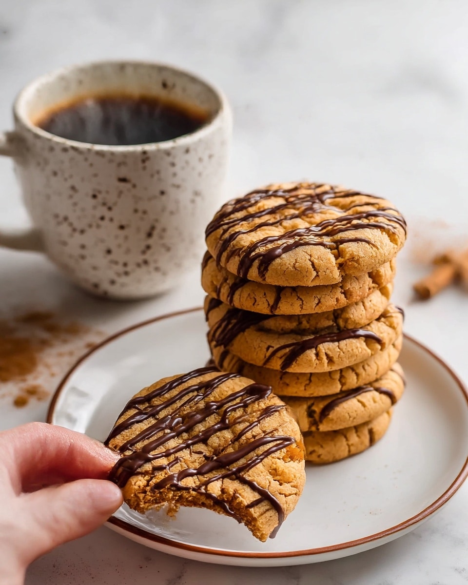 A stack of six golden brown cookies with a cracked texture sits on a white plate with a thin brown rim, each cookie drizzled with dark chocolate in diagonal lines. In front of the stack, a woman's hand holds one cookie, also decorated with chocolate drizzle, showing its slightly soft inside. Behind the plate is a white speckled cup filled with black coffee with steam rising from it, placed on a white marbled surface with a light dusting of cinnamon nearby. photo taken with an iphone --ar 4:5 --v 7