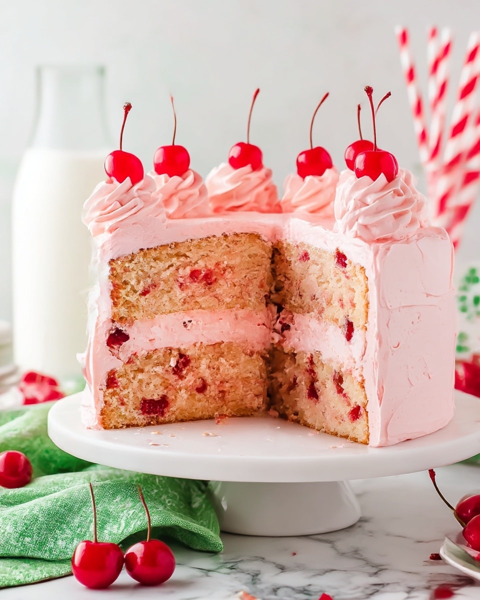 A two-layer pink cake with small red cherry pieces inside each sponge layer sits on a white cake stand. Between the two sponge layers, there is a smooth light pink frosting layer. The outside of the cake is covered in the same light pink frosting. On top, there are thick swirls of pale pink frosting, each topped with a bright red cherry with a long stem. The cake is set against a white marbled surface with a green cloth below and some red cherries scattered near it. Photo taken with an iphone --ar 4:5 --v 7