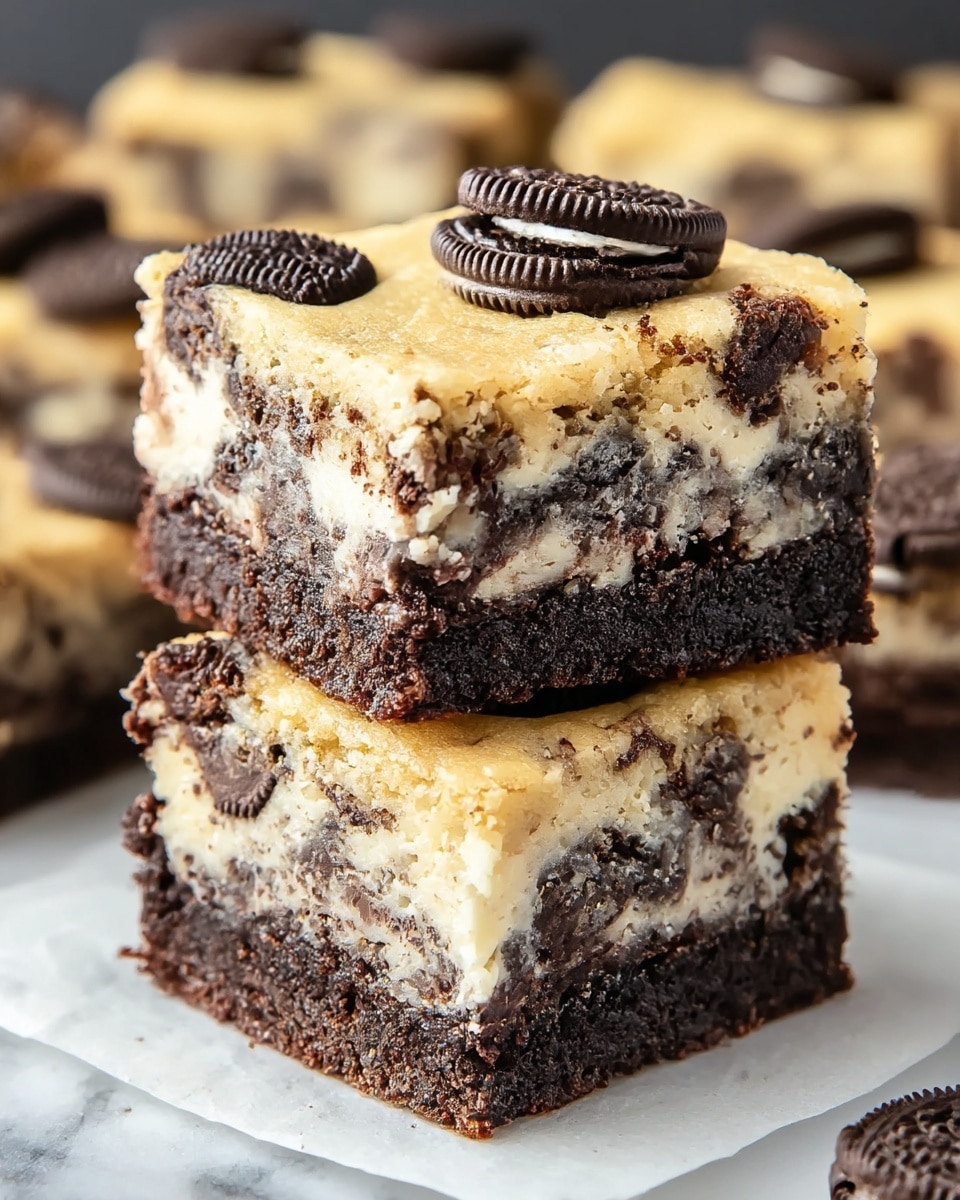 Two stacked dessert bars with three clear layers are shown on a piece of parchment paper. The bottom layer is a dark, dense, crumbly chocolate crust. The middle layer is a thick cream cheese filling with visible chunks of crushed chocolate cookies creating a marbled look. The top layer is a golden brown cookie dough, dotted with whole dark chocolate sandwich cookies on the surface for decoration. The background is slightly blurred with more bars visible, all set on a white marbled surface. photo taken with an iphone --ar 4:5 --v 7