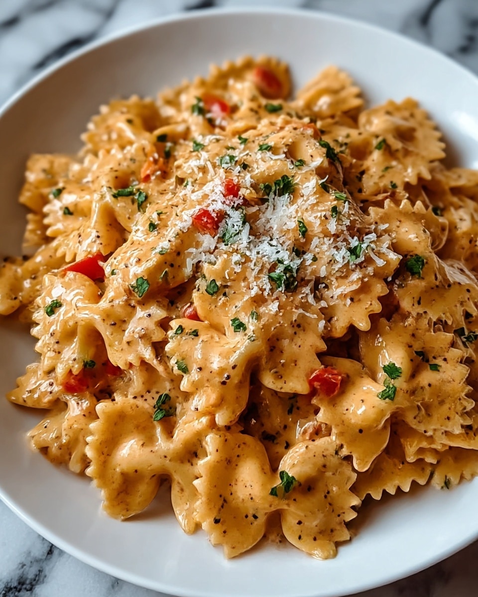A white plate filled with bowtie pasta coated in a creamy light orange sauce with specks of black pepper and herbs. The pasta is mixed with small chunks of red bell pepper pieces, and the dish is topped with a sprinkle of white grated cheese and chopped green parsley. The texture of the sauce is smooth and glossy, covering the pasta evenly. The dish sits on a white marbled surface. photo taken with an iphone --ar 4:5 --v 7