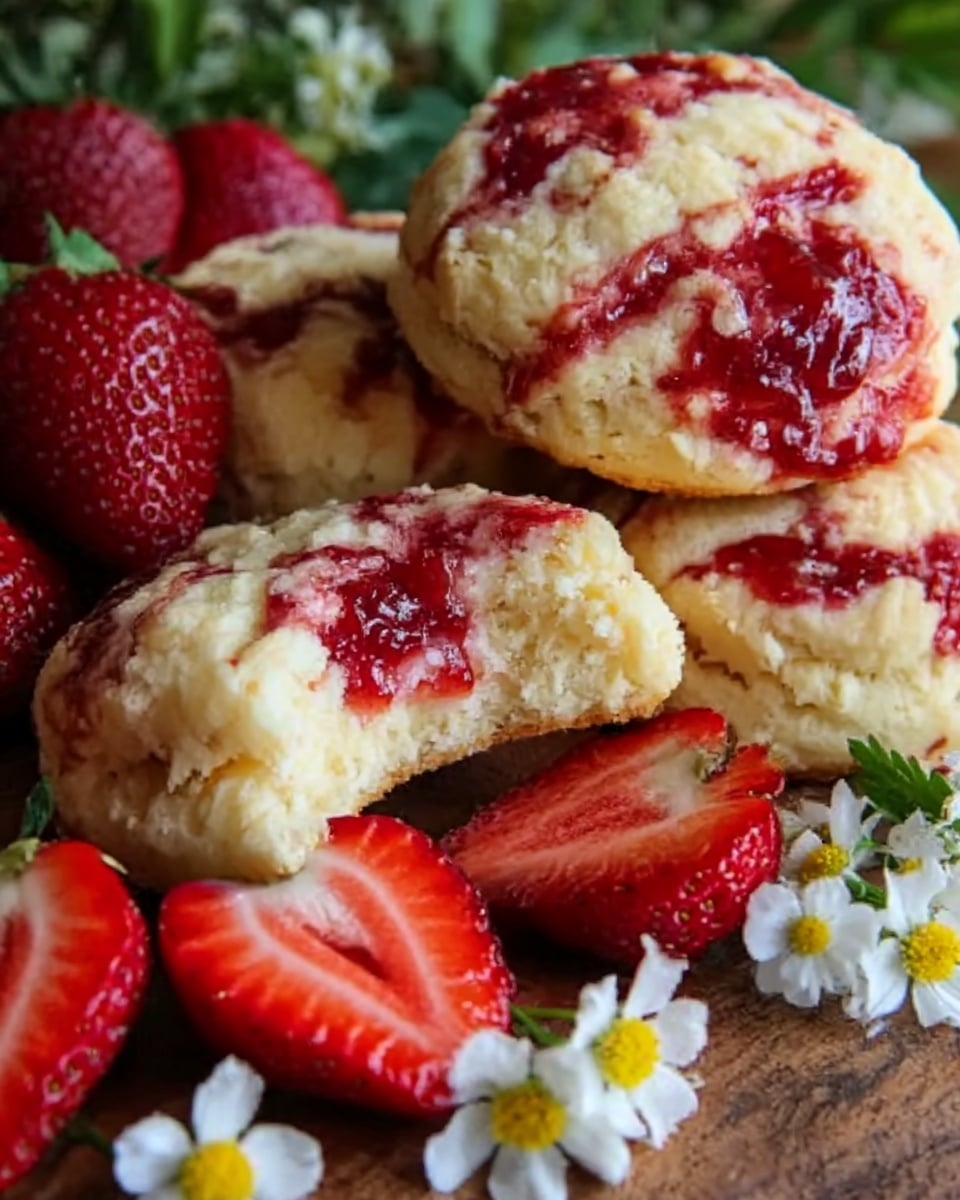 The image shows several crumbly scones with swirls of red strawberry jam mixed into their light golden dough, creating a marbled effect on each piece. Some scones are whole, and one is broken open, revealing a soft texture inside with red jam veins. Fresh red strawberries, sliced and whole, are arranged on a wooden surface along with small white flowers with yellow centers, adding a fresh touch. The overall color contrast is between the warm golden scones, shiny red strawberries, and delicate white flowers. photo taken with an iphone --ar 4:5 --v 7
