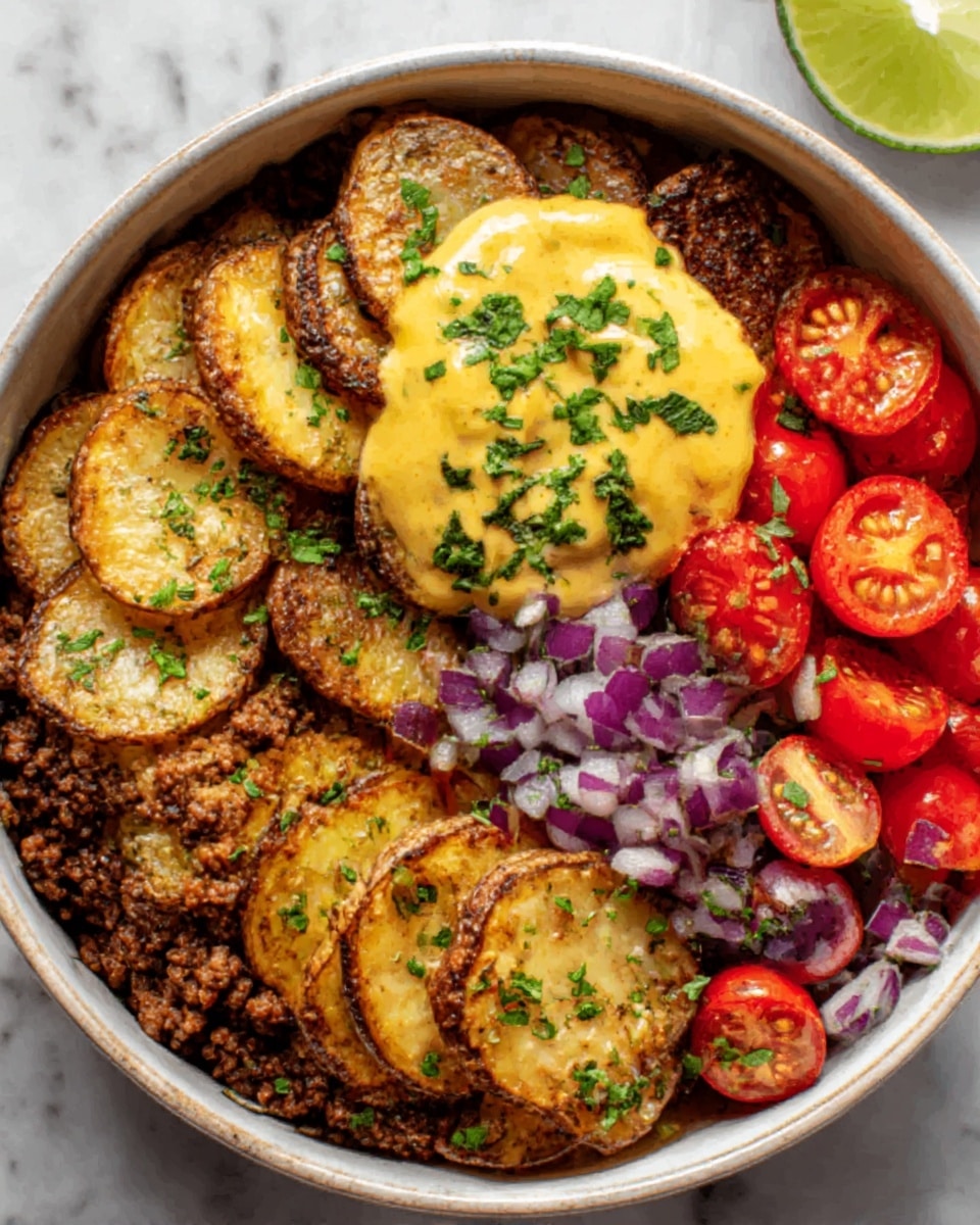 A white bowl filled with four main layers, arranged side by side: the first layer is crumbled cooked ground meat, dark brown with a slightly coarse texture and sprinkled with green herbs; the second layer is golden-brown roasted potato slices, thin and slightly crispy with some green herb garnish on top; the third layer is finely chopped purple onions mixed with red tomatoes, both fresh and juicy in appearance; the fourth layer has bright red cherry tomato halves, fresh and shiny. In the center on top of the potato slices is a dollop of thick yellow sauce with a few green herbs scattered over it. The bowl sits on a white marbled surface. A lime wedge is seen near the top edge of the image. Photo taken with an iphone --ar 4:5 --v 7