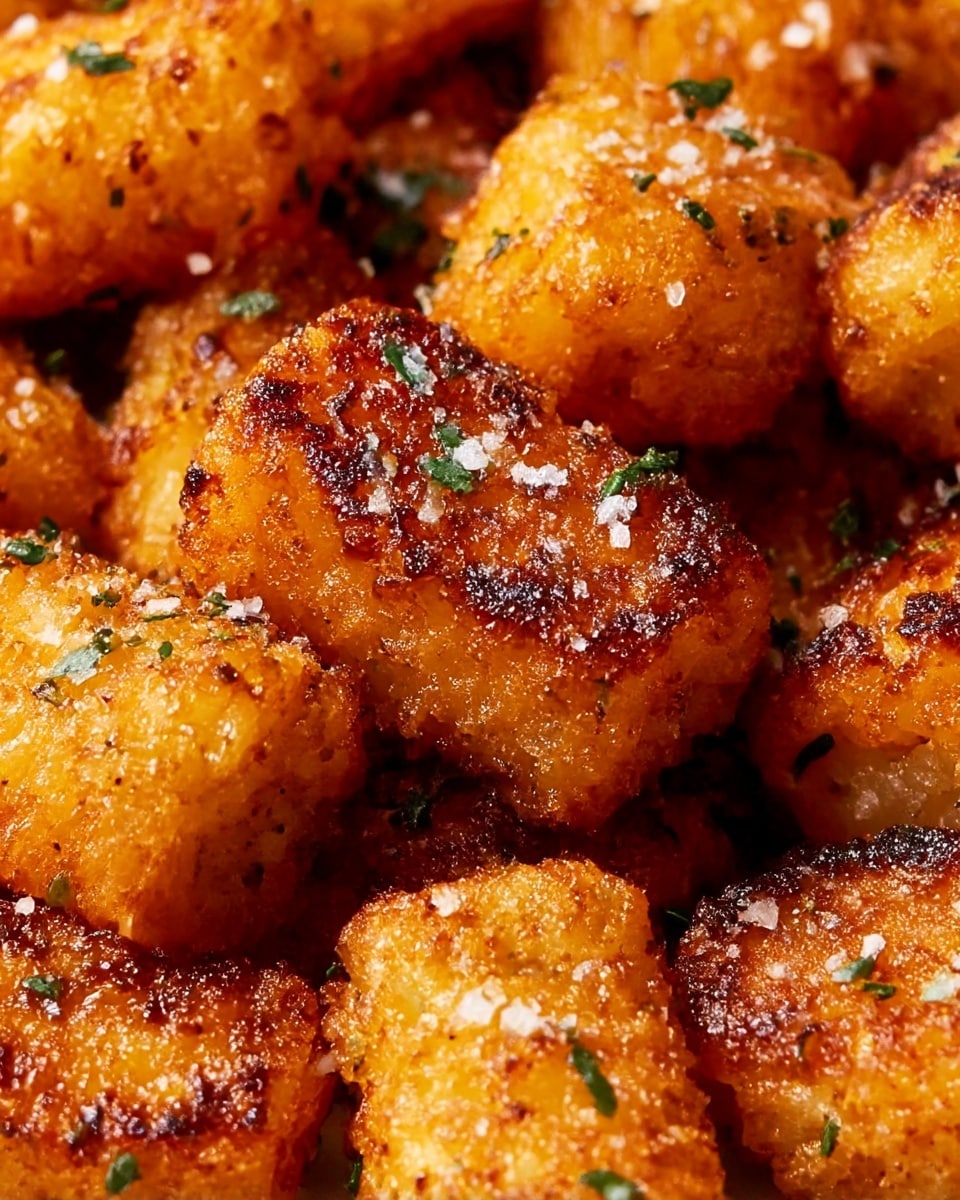A close-up view of several golden-brown tater tots with a crispy, crunchy texture. Each piece is small and rectangular with dark toasted spots on the surface. Small white salt crystals are scattered on top along with bits of bright green herbs. The tater tots fill the frame, showing a mix of rough and smooth surfaces with a rich, warm color. The photo taken with an iphone --ar 4:5 --v 7