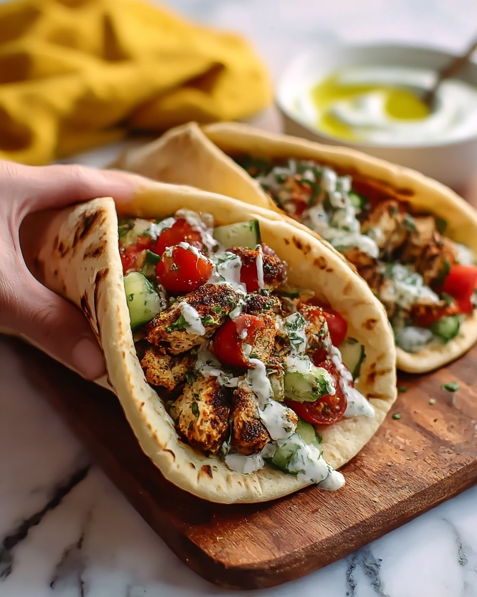 The image shows two pita wraps on a wooden board. Each wrap has three visible layers: the bottom layer is lightly toasted soft pita bread with some browned spots; the middle layer contains browned grilled chicken pieces with some green herbs mixed in; the top layer is a mix of small tomato and cucumber chunks, plus a white sauce drizzled over everything. A woman's hand is holding the pita wrap in the front. In the blurred background, there is a white bowl with white sauce and some green oil on top, and a yellow cloth on a white marbled surface. photo taken with an iphone --ar 4:5 --v 7