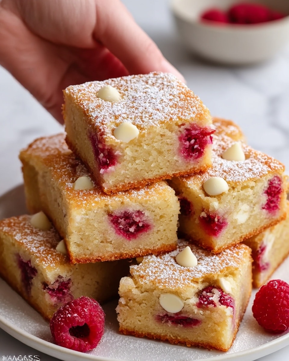 The image shows six square pieces of a light golden-brown cake with a soft and moist texture. Each piece has visible red raspberries embedded inside and on top, with small white chocolate chips scattered across the surface. The cake pieces are stacked slightly on a white plate, with one raspberry placed beside the cake. The top of the cake is dusted with powdered sugar, creating a light snowy effect. The background is a white marbled texture, and a woman’s hand is partially visible holding a bowl out of focus in the background. photo taken with an iphone --ar 4:5 --v 7