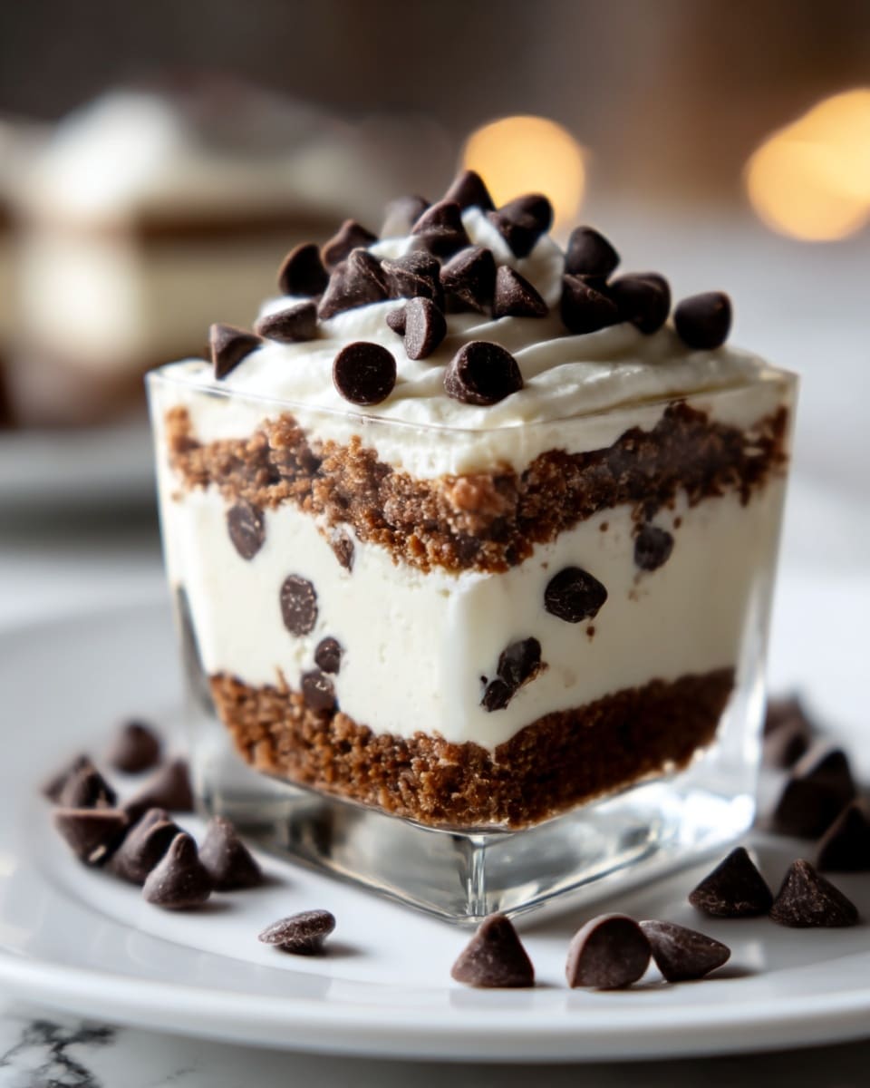 A close-up of a clear square glass cup filled with three visible layers from bottom to top: a thick dark brown crumbly crust, a thick creamy white layer with small dark chocolate chunks, and a white whipped topping layer covered with large dark chocolate chips. The glass cup is placed on a white plate with more dark chocolate chips scattered around it. The background is softly blurred with warm lighting and a white marbled surface below. Photo taken with an iphone --ar 4:5 --v 7
