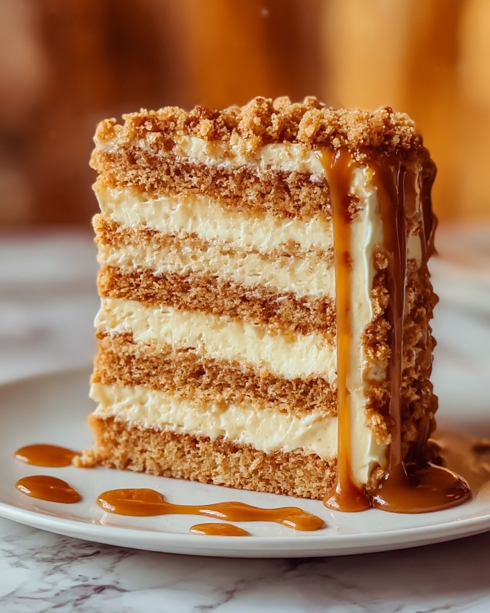 A piece of cake with four layers of light brown crumbly sponge, each separated by a creamy off-white layer. The cake is topped with a crumbly light brown streusel and a smooth caramel sauce dripping down the right side. The cake sits on a white plate that has some caramel drops on it, placed on a white marbled surface. The background is blurred with warm tones, focusing on the cake slice. photo taken with an iphone --ar 4:5 --v 7
