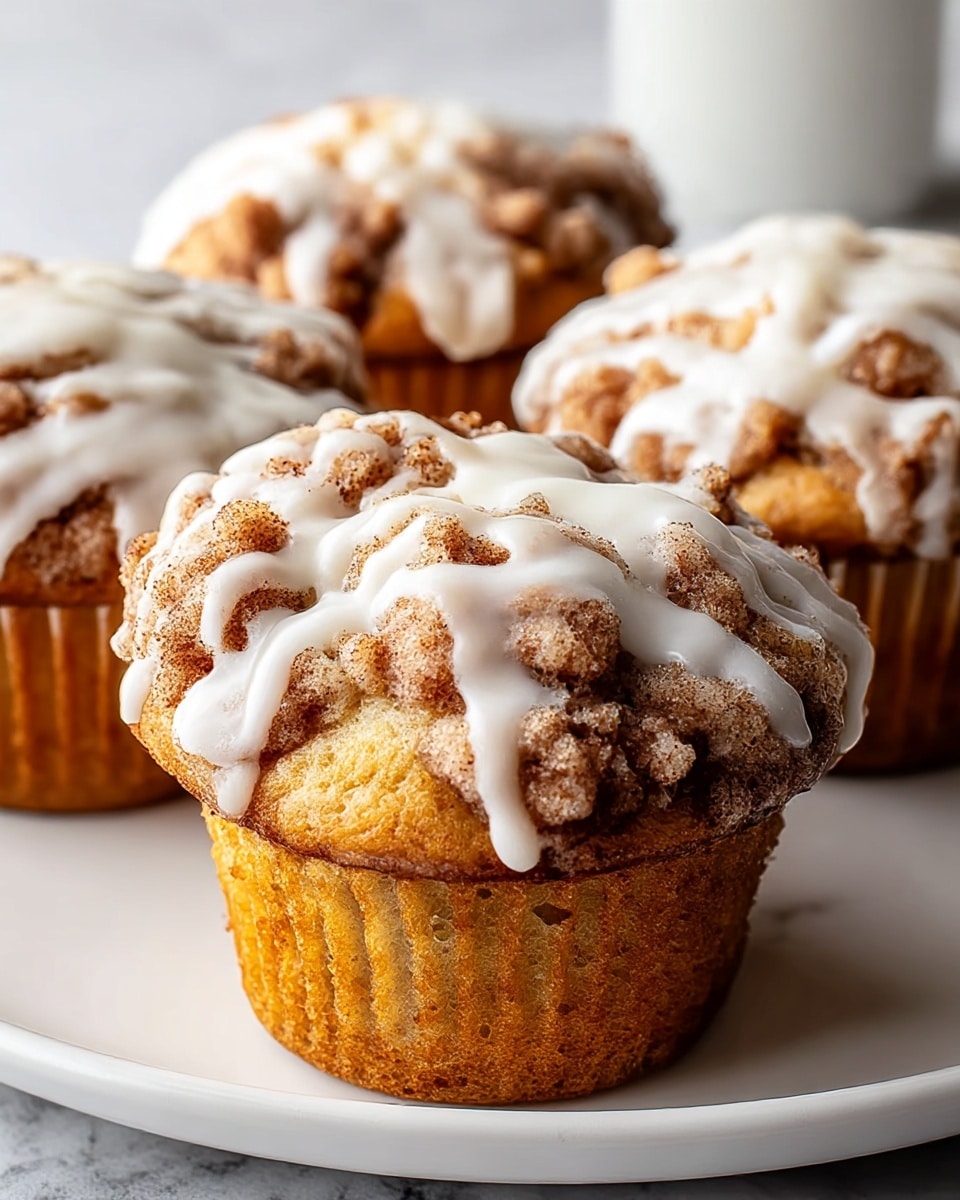 Four muffins sit on a white plate, each with a golden brown bottom layer that looks soft and fluffy. The top of each muffin has a thick crumbly layer in shades of light and dark brown with a rough texture, showing cinnamon swirls. White icing is drizzled unevenly over the crumb topping, looking smooth and slightly glossy. The plate rests on a white marbled texture, and the image is close-up, focusing on the front muffin with the others blurred in the background. Photo taken with an iphone --ar 4:5 --v 7