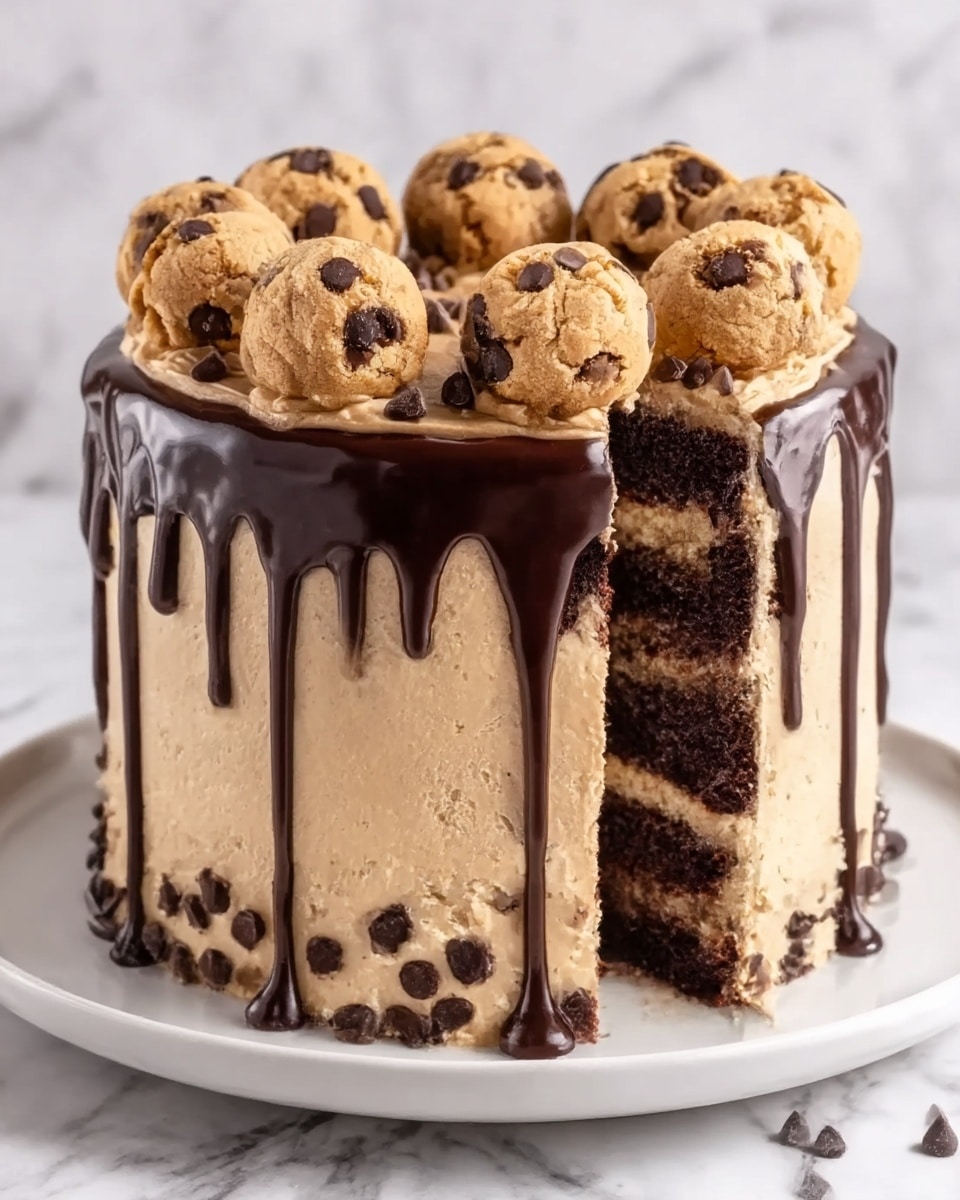 The image shows a three-layer dark chocolate cake with smooth beige peanut butter frosting between each layer. The top and sides of the cake are evenly coated with the same frosting, decorated with small chocolate chips pressed into the lower sides. Thick, shiny dark chocolate ganache drips down from the top edges. The top is lined with round peanut butter cookie balls with visible chocolate chips. The cake is placed on a simple white plate, set on a white marbled surface. Photo taken with an iphone --ar 4:5 --v 7