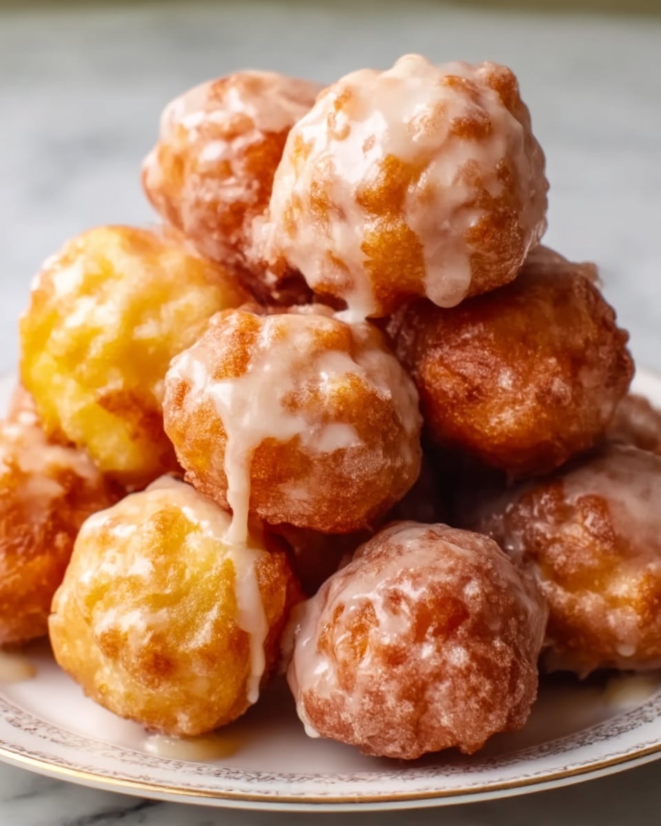 A close-up image of a pile of golden-brown fritters stacked on a white plate with a delicate rim pattern visible at the edge. Each fritter has a rough, crunchy texture with an uneven surface, and they are generously covered with a smooth, light-colored glaze that drips slightly down the sides. The fritters vary slightly in size and shape, appearing soft and airy inside, contrasted by the crispy exterior. The plate sits on a white marbled surface that softly reflects light. photo taken with an iphone --ar 4:5 --v 7