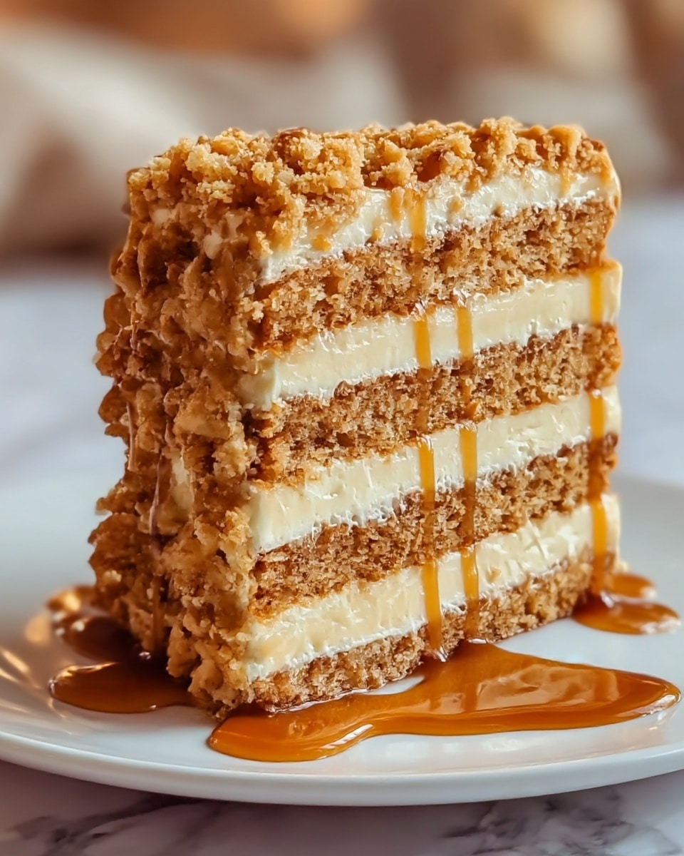 A close-up image of a four-layer slice of crumb cake with light brown cake layers alternating with creamy off-white frosting layers. The top layer is covered with a golden crumb topping, and caramel sauce drips down the side and pools around the base on a white plate. The white plate sits on a soft, blurred white marbled surface, highlighting the texture of the moist cake and smooth frosting. photo taken with an iphone --ar 4:5 --v 7