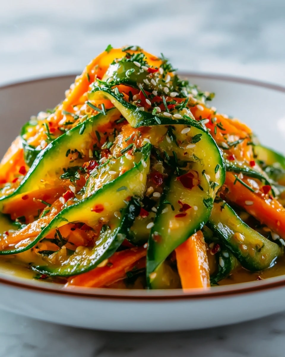 A close-up of a salad piled high on a white bowl with a thin brown rim, showing thin, wide ribbons of bright green cucumber and vibrant orange carrot layered intertwined. The vegetables are coated with a light, glossy dressing, sprinkled with white sesame seeds, small pieces of red chili flakes, and finely chopped green herbs scattered evenly on top. The dish looks fresh and colorful with a natural shine on the vegetables, all set against a blurred white marbled surface background. Photo taken with an iphone --ar 4:5 --v 7