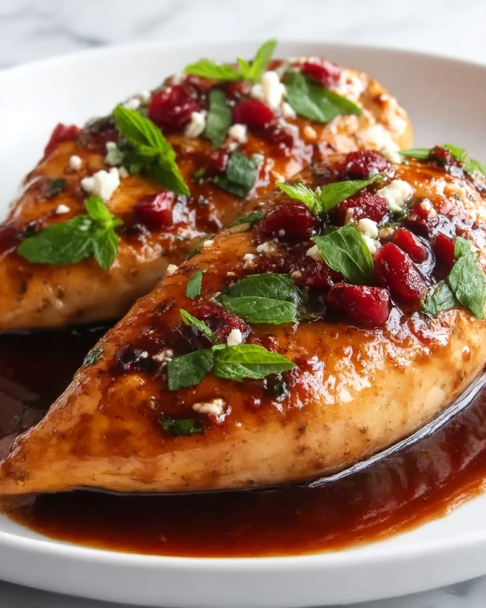 The image shows two grilled chicken breasts placed on a white plate, glossy with a dark brown sauce that pools around the edges. On top of each chicken piece, there are small bright red chunks and scattered white crumbled cheese. Fresh green basil leaves and tiny pieces of chopped herbs are spread over the chicken, adding texture and color contrast. The plate is set on a white marbled texture surface, enhancing the rich colors of the dish. photo taken with an iphone --ar 4:5 --v 7