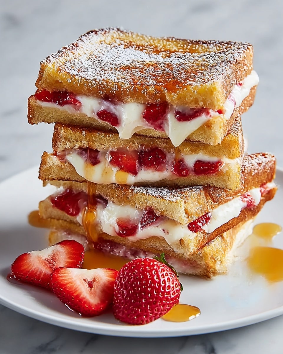 A stack of three triangular slices of golden brown French toast with a crispy texture, each slice filled with a creamy white layer mixed with bright red strawberry pieces visible through the sides. The top of the stack is sprinkled with fine white powdered sugar. Around the stack on the white square plate are sliced strawberries, some whole and some halved, with droplets of syrup creating glossy amber spots on the plate. The background is a white marbled surface. photo taken with an iphone --ar 4:5 --v 7
