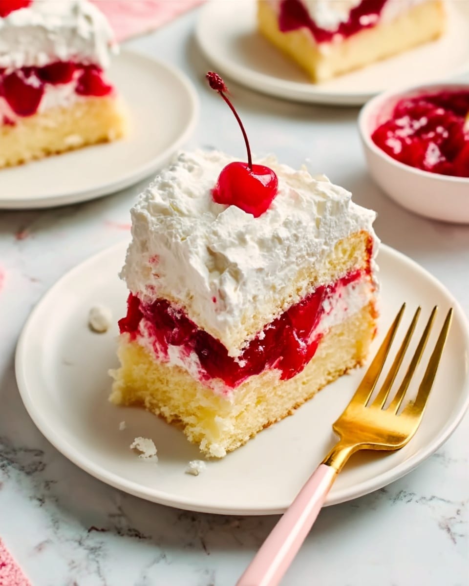 The image shows a slice of layered dessert on a white plate set on a white marbled surface. The dessert has three visible layers: a bottom layer of moist yellow cake, a middle layer of bright red cherry filling with chunks of cherries, and a top layer of white whipped cream that looks fluffy and soft. There is a single cherry placed on the top center of the whipped cream. To the right of the slice, a gold fork with a pale pink handle rests on the plate. In the background, there are parts of other white plates and a small bowl with more cherry filling, all on the white marbled surface. Photo taken with an iphone --ar 4:5 --v 7
