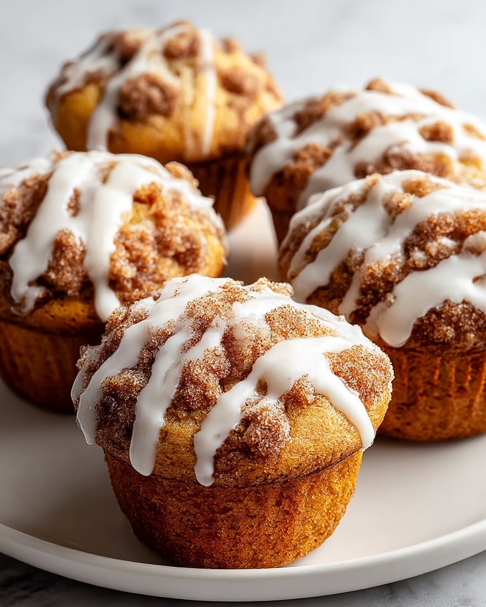 Four cinnamon muffins sit closely together on a white plate, each muffin showing a golden brown base layer with a crumbly, darker brown cinnamon sugar topping that looks rough and textured. Drizzled thick white icing flows unevenly over the tops, giving a shiny and smooth contrast to the rough cinnamon crumble. The muffins have a slightly rounded, uneven top with visible soft and moist texture beneath the crumb layer, all on a white marbled surface. Photo taken with an iphone --ar 4:5 --v 7