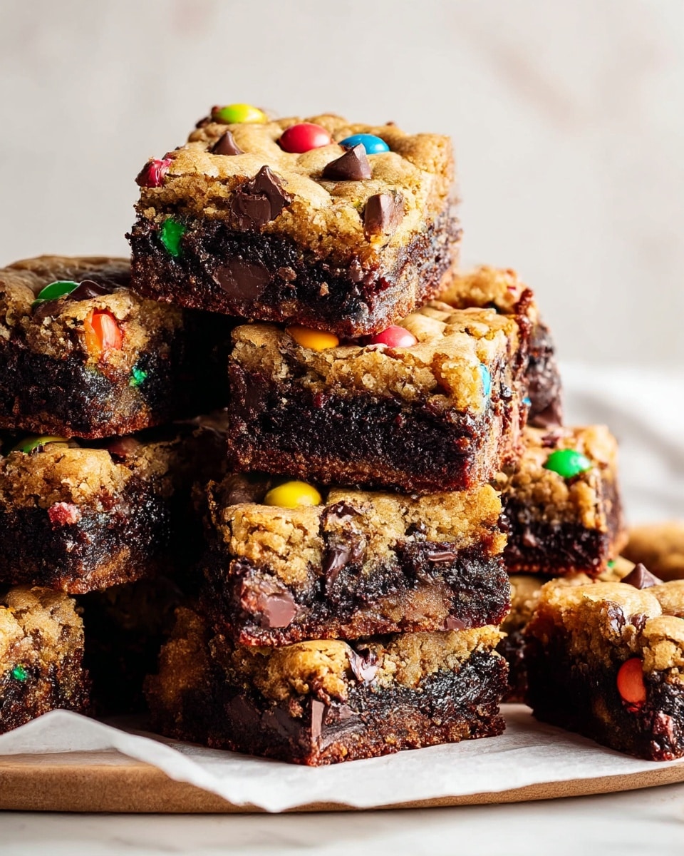 A stack of colorful cookie brownies is arranged on parchment paper over a white marbled surface, showing several pieces piled unevenly. Each brownie has two distinct layers: a bottom thick dark chocolate brownie layer with a rich, moist texture, and a top cookie layer with a golden brown color dotted with small pieces of chocolate and colorful candy-coated chocolate pieces embedded throughout. The edges are slightly crumbly, and the candies add bright pops of red, green, yellow, blue, and orange across the top. The background is softly blurred with a neutral light tone that highlights the desserts. photo taken with an iphone --ar 4:5 --v 7