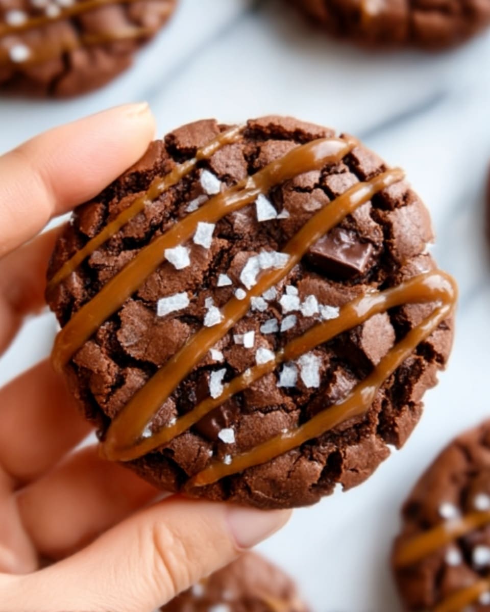 A close-up image of a round chocolate cookie with a cracked surface, topped with small flakes of white sea salt and drizzled with light brown caramel sauce in diagonal stripes. A woman's hand is holding the cookie from the left side, with the background showing more similar cookies slightly out of focus, all placed on a white marbled surface. The cookie looks rich and dense with visible chocolate chunks embedded in it. Photo taken with an iphone --ar 4:5 --v 7