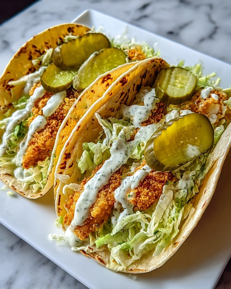 Three tacos are arranged side by side on a white square plate set on a white marbled textured surface. Each taco has a soft, lightly charred yellow corn tortilla forming the base. Inside, there is a layer of shredded pale green lettuce at the bottom, topped with crispy golden-brown fried chicken pieces. On top of the chicken are several green pickle slices and a drizzle of creamy white sauce with green herb flecks, sprinkled with small green herb pieces. The tacos are filled fully, showing off all the layers clearly. Photo taken with an iphone --ar 4:5 --v 7