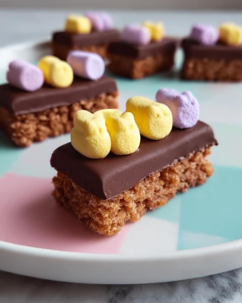 The image shows small rectangular chocolate treats with a rough textured brown base layer made of crunchy bits. On top is a smooth, dark brown chocolate layer covering the base. Each treat is decorated with three small marshmallow shapes in yellow and purple colors placed side by side on the chocolate layer. The treats are placed on a white plate with pastel colored squares in pink, green, and blue on a white marbled surface. Photo taken with an iphone --ar 4:5 --v 7