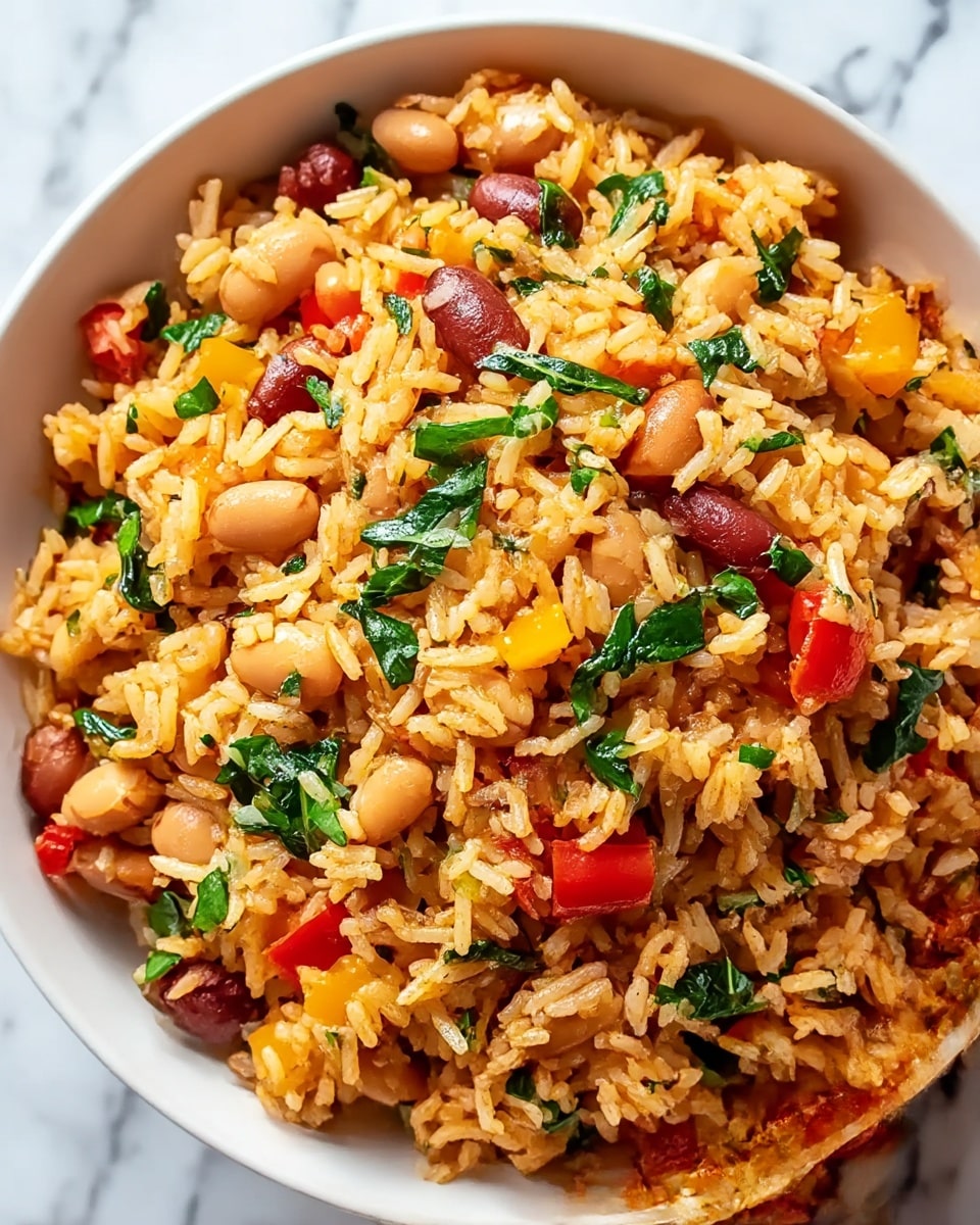 A close-up of a white bowl filled with a colorful rice dish, showing one main layer of fluffy, cooked rice mixed with small, light brown beans, diced red and yellow bell peppers, and vibrant green leafy herbs scattered throughout. The rice has an orange tint, likely from spices or sauce, and the textures of the beans and peppers add variety. The background is a white marbled texture. photo taken with an iphone --ar 4:5 --v 7