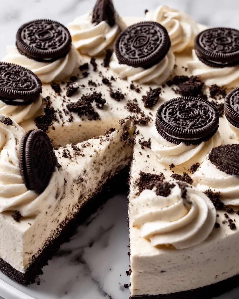 The image shows a close-up of a round Oreo cookie cake on a white plate, set on a white marbled surface. The cake has two visible layers: a dark chocolate base layer and a creamy white top layer. The top layer is decorated with thick swirls of white frosting around the edges and scattered crushed Oreo cookie crumbs in the center. Large whole Oreo cookies are placed evenly on top of the frosting swirls. A slice has been cut out, showing the contrast between the dark chocolate base and the creamy white top. The photo captures the details of the frosting texture and cookie pieces clearly. Photo taken with an iphone --ar 4:5 --v 7