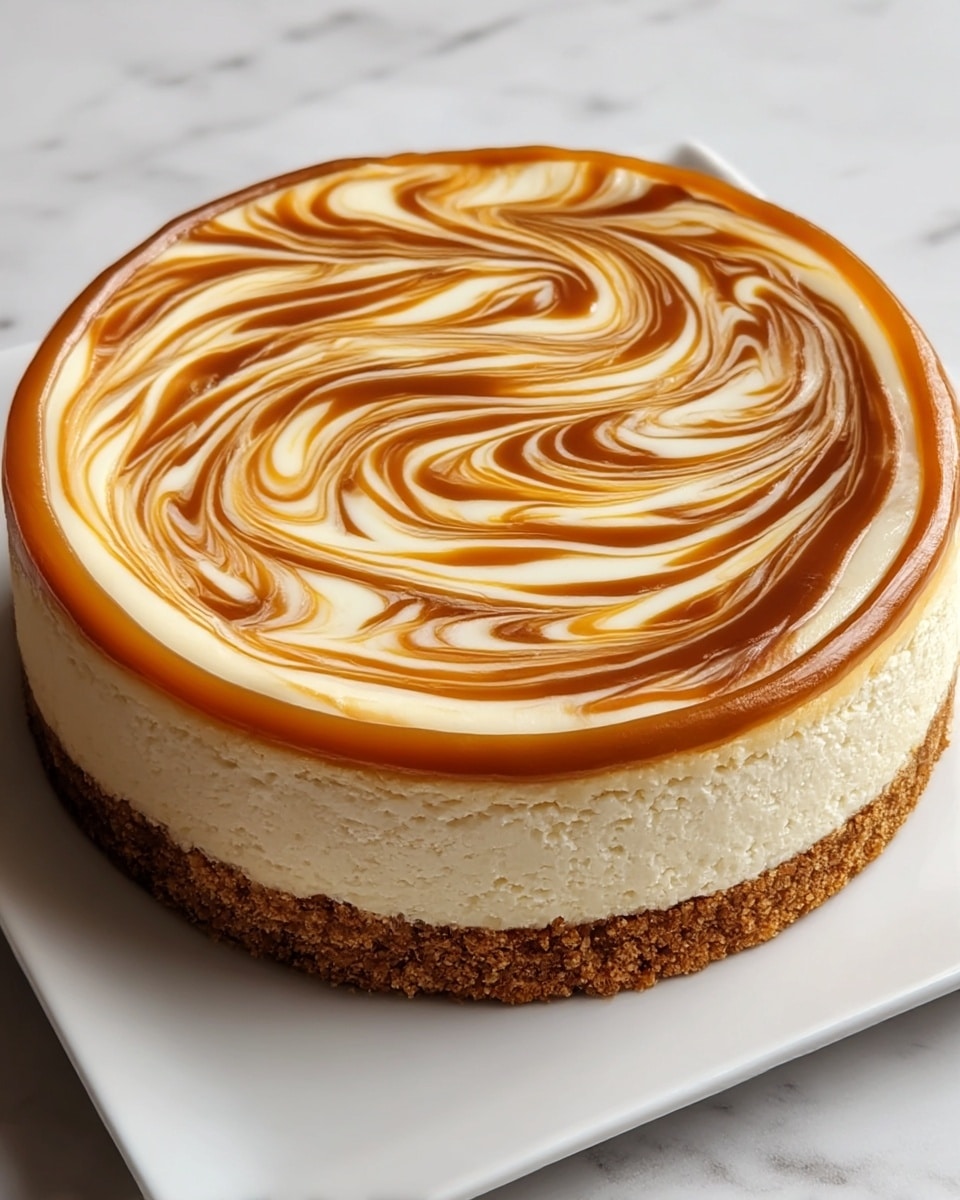 A round cheesecake with three visible layers sits on a white square plate over a white marbled surface. The bottom layer is a thick, crumbly brown crust. The middle layer is a smooth, creamy off-white cheesecake, thick and even. The top layer has a marbled swirl pattern of light caramel and cream colors, creating a glossy, wavy design that spreads from the center to the edges, with a thicker caramel border around the rim. The texture looks smooth and rich. photo taken with an iphone --ar 4:5 --v 7