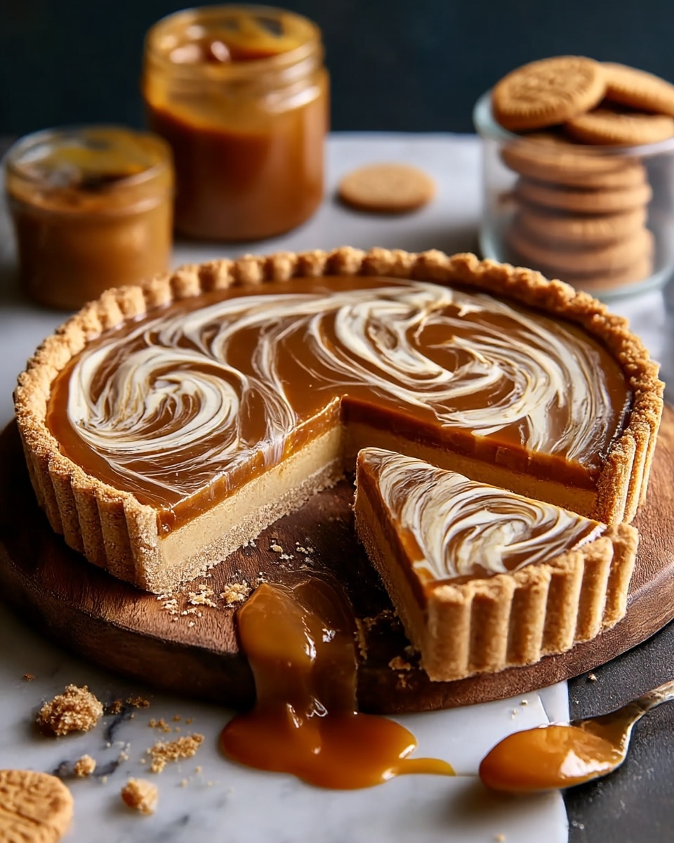 A tart with three visible layers sits on a dark wooden board over a small piece of cloth. The bottom layer is a golden, crumbly crust that holds the tart firmly. The middle layer is a thick, smooth caramel filling that looks soft and glossy. On top is a swirl of white cream mixed with caramel in a spiral pattern, creating a marbled look. One slice is cut out and slightly pulled away, showing the caramel filling dripping onto the wooden board. In the background, there is a blurred jar of caramel and a white bowl with cookies. The whole scene is on a white marbled textured surface. photo taken with an iphone --ar 4:5 --v 7